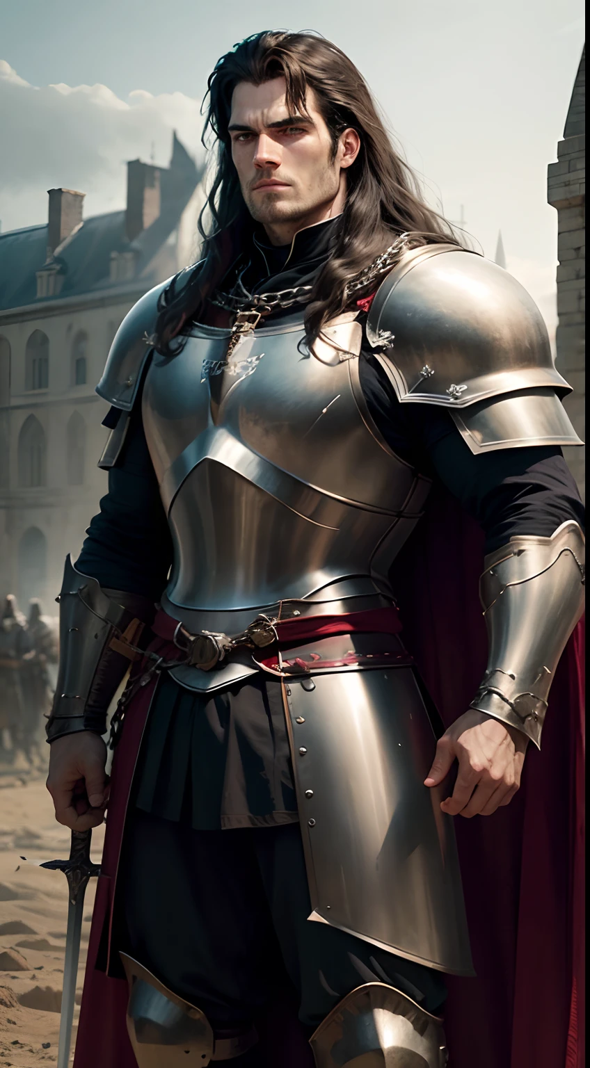 Henry Cavill, as a medieval knight, long hair, robust, grim expression, clad in a chain armour, large sword in hand, blood in the armour, standing in a battlefield, corpses and soldiers in background, castle visible at a distance, dusklight