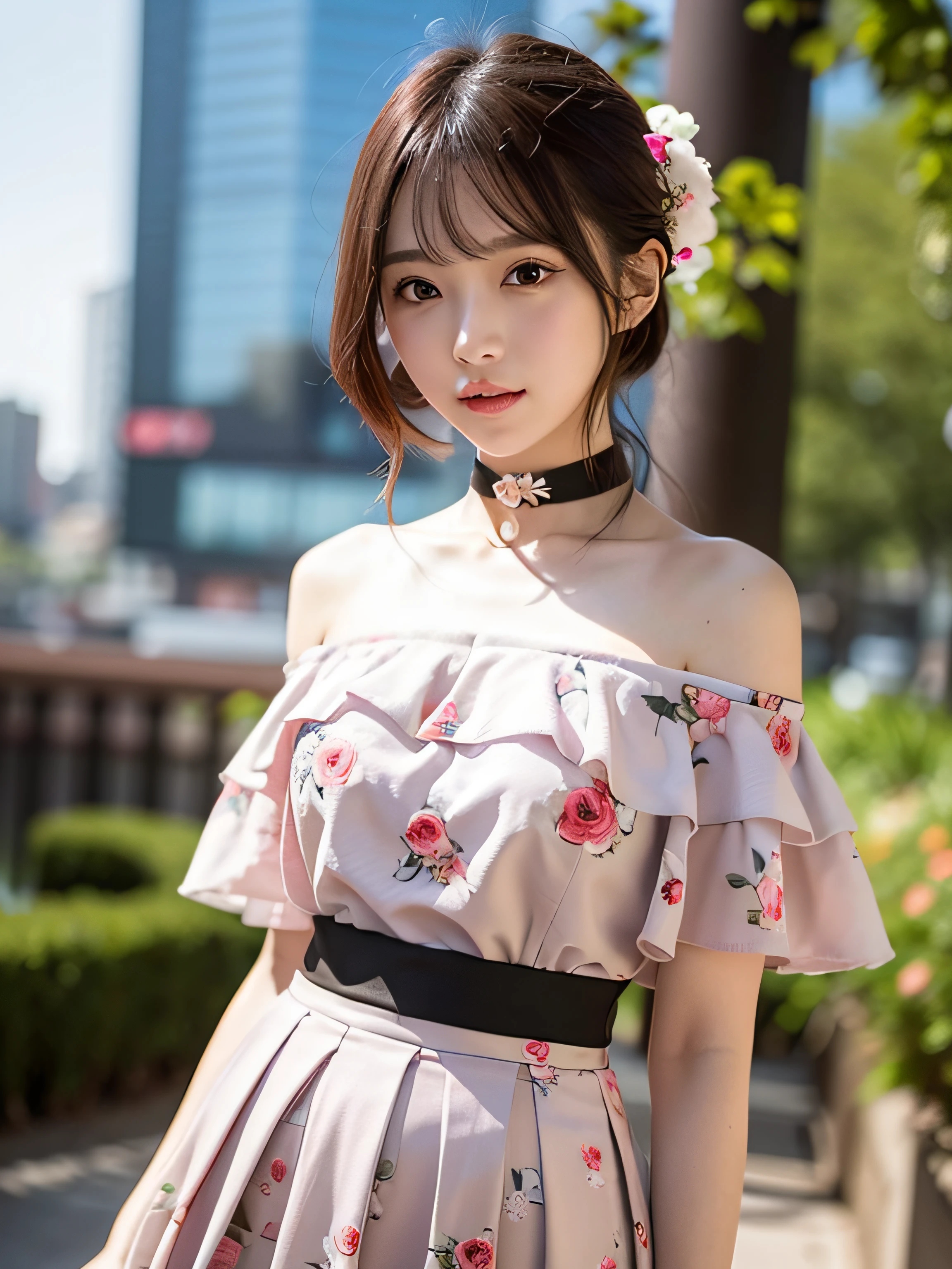 (Best Quality, masutepiece), 1girl in, Intricate details, off shoulders, Slender body skirt, Choker, frilld, See-through, Looking at Viewer, blush, Upper body, Blurry background, with floral pattern, facing