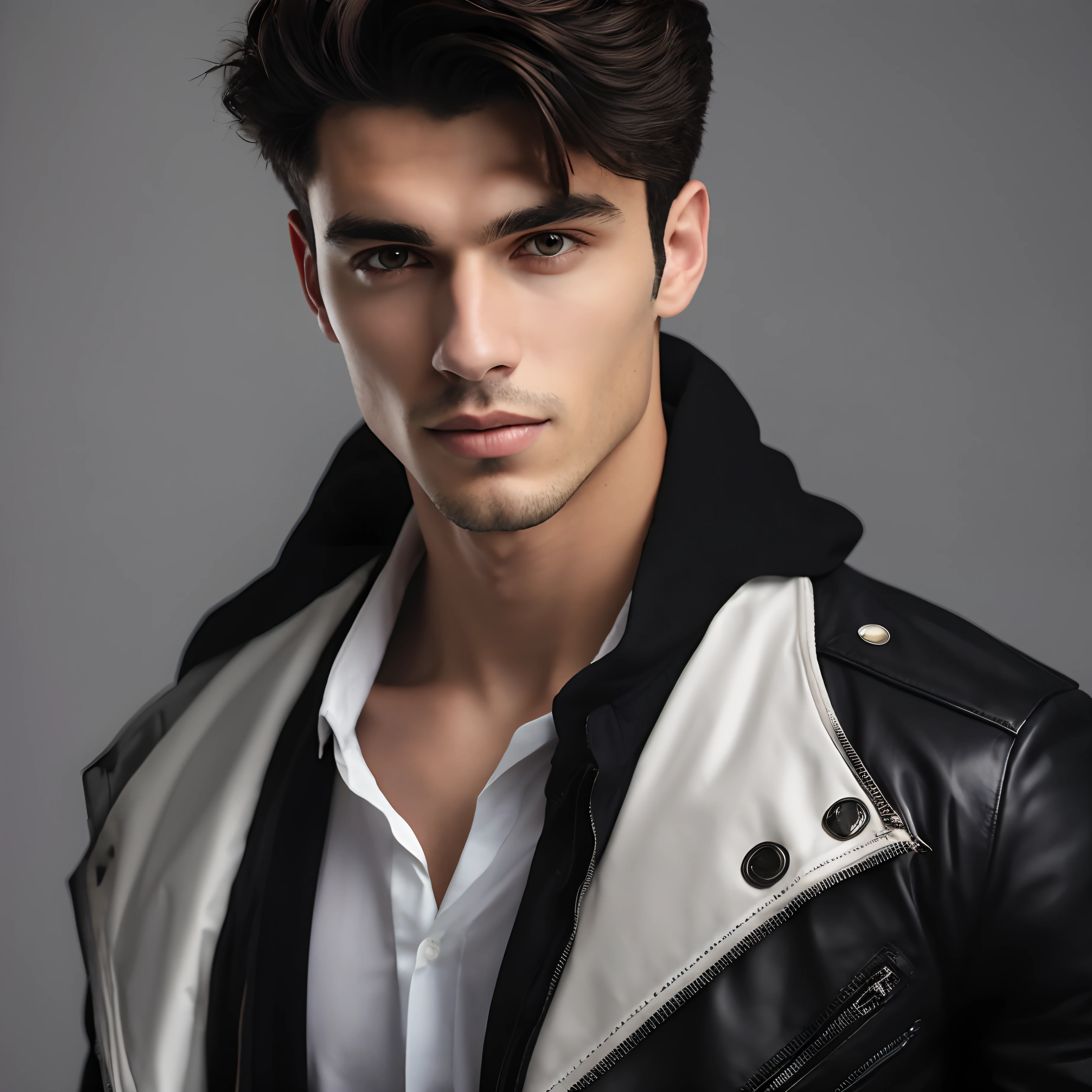 Homem de jaqueta preta e branca e camisa branca, modelo masculino, fotografia de modelo profissional, jovem bonito, jovem bonito, Jovem com rosto bonito, Foto de perfil, modelo de moda retrato, vestindo uma jaqueta preta extravagante, lindo modelo jovem, vestido com jaqueta de couro, retrato do jovem bonito, modeling photography, usando uma jaqueta de couro, Julian Serrano 8k