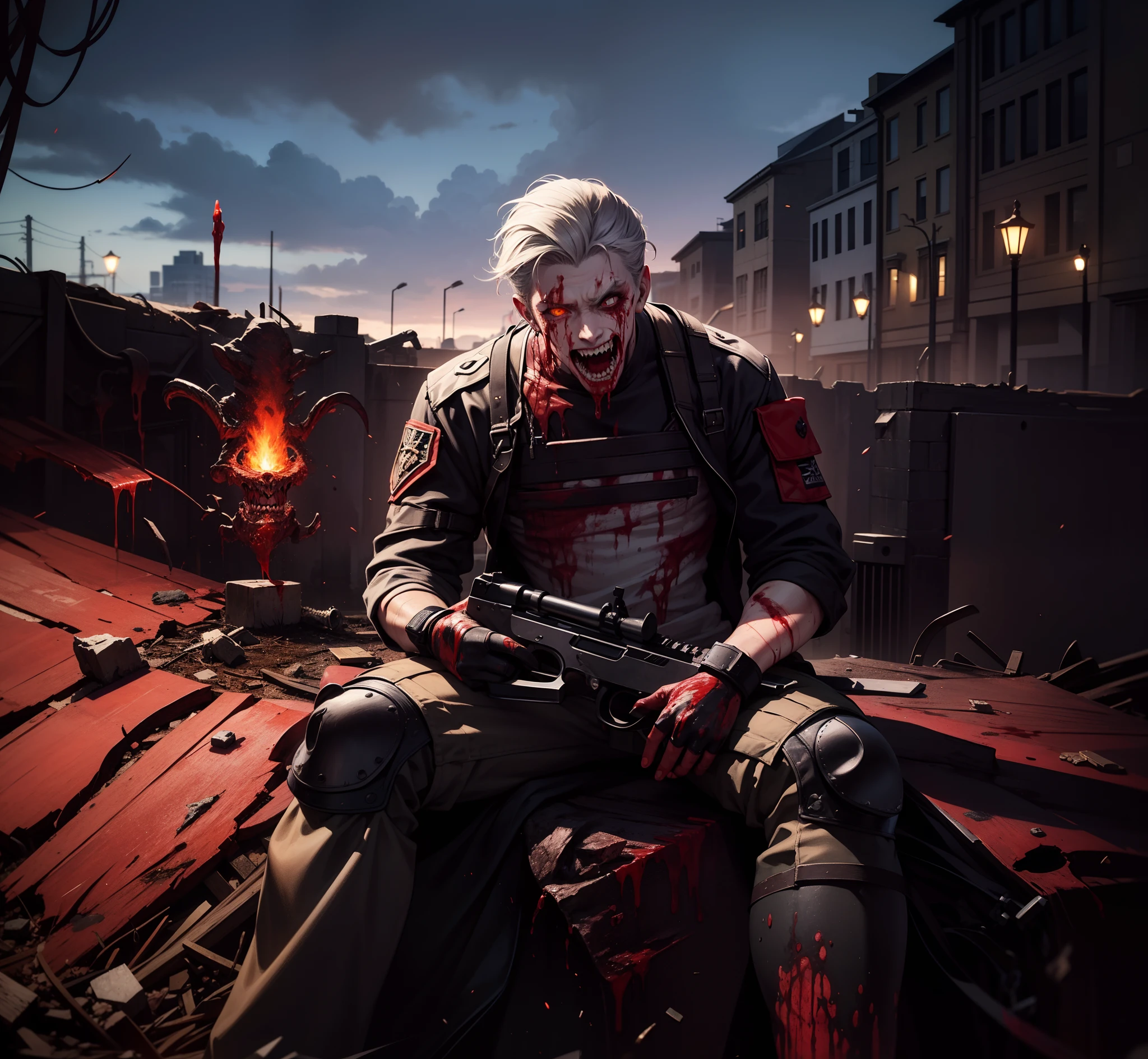 ((8K:1.4)), Impeccable, acurate, (hight resolution:1.2), (higly detailed), hiquality, (tmasterpiece:1.8), A man pulls out a gun, (dark-skin:1.8) (injured:1.2)), ((rusty_fingernails_in_Skin)), (agony), (icy:1.2), (Camouflage body armor:1.2)), ( Disheveled gray hair), (Red_sclera:1.2), ((Blurred flesh and blood)), (the madhatter_Smile:1.2), (Blood covers the face:1.6), There is blood all around, (blood on the clothes:1.2), ((blood vessels:1.2))), (((Internal organs:1.2))), Trauma to the oral cavity, scar, (cuts_UPON_Skin:1.2), blood on the lips, ((anatomically accurate:1.6)), Very wide open mouth, (Body horror:1.2), (Meat clothing:1.2), Features of the monster:1.2), Monster Face, (((Devil's Eyes:1.6))), (sharp teeth),Demon Cannon,White Backgrouni Wash Style,Red-eyed. Black T-shirt