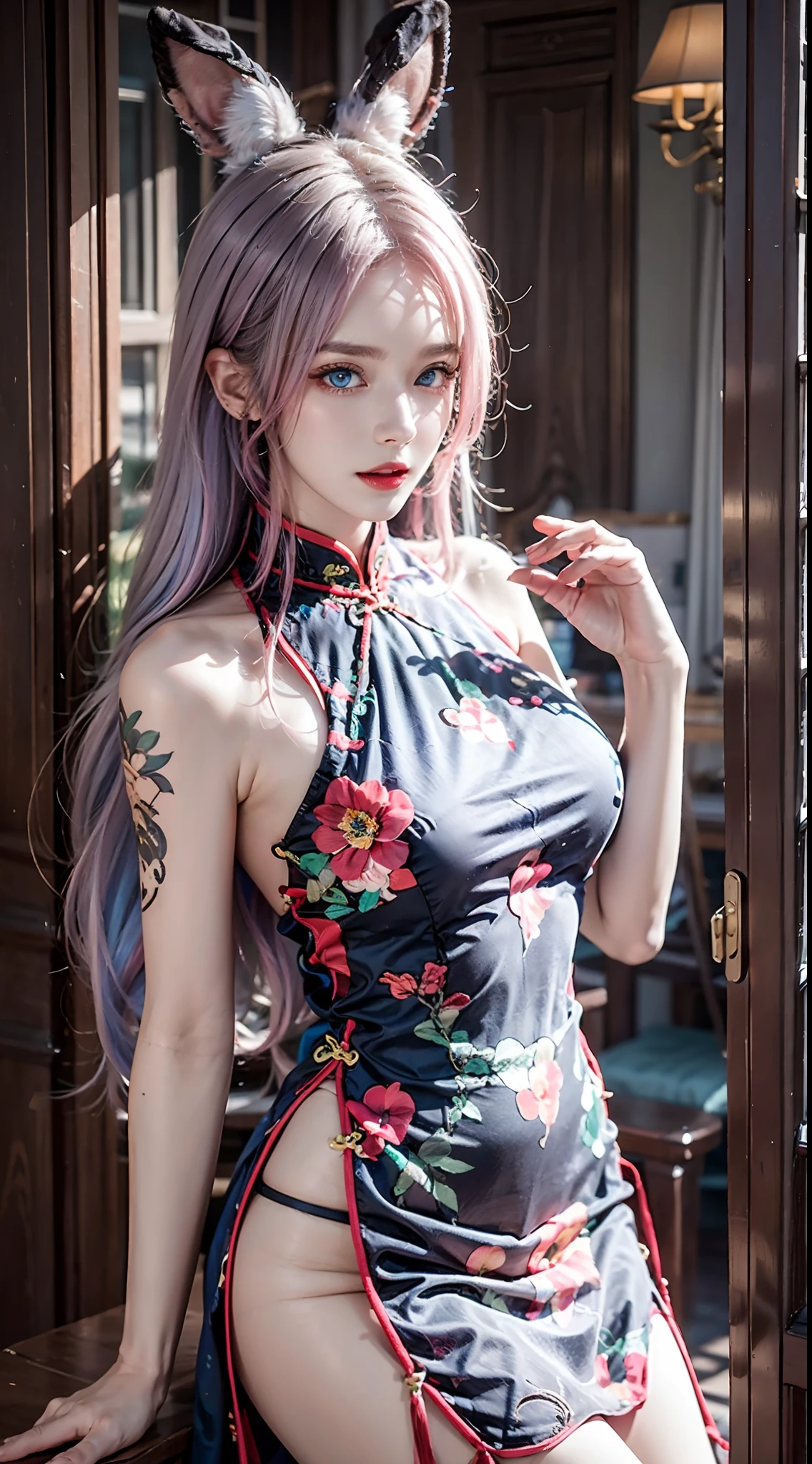 photorealistic, masterpiece, photorealistic, high resolution, soft light, hips up, (blue eyes, pink hair), fake rabbit ears, cheongsam, cheongsam, jewelry, tattoo