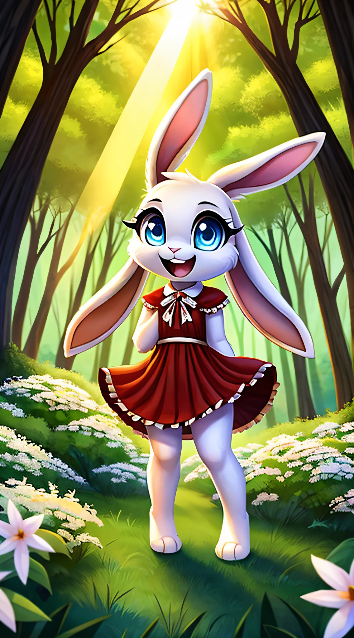 zoomed out image, fantasy style art, cute, adorable, short character, small, tiny little fluffy female white bunny with blue eyes, 4 ears, 2 extra ears, big floppy ears, long ears, ears perked up, raised ears, long eyelashes, poofy rabbit tail, wearing a red frilly ribbon dress, smiling, standing in a forest, big expressive smile, open mouth, wide eyes, excited eyes, excited face, stunning visuals, sunlight coming through the trees, white flowers scattered in the bushes, digital illustration