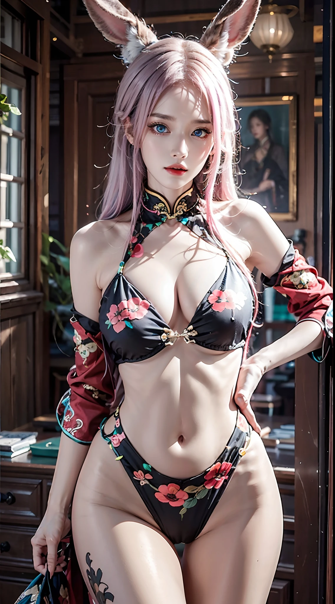 photorealistic, masterpiece, photorealistic, high resolution, soft light, hips up, (blue eyes, pink hair), fake rabbit ears, cheongsam, cheongsam, jewelry, tattoo
