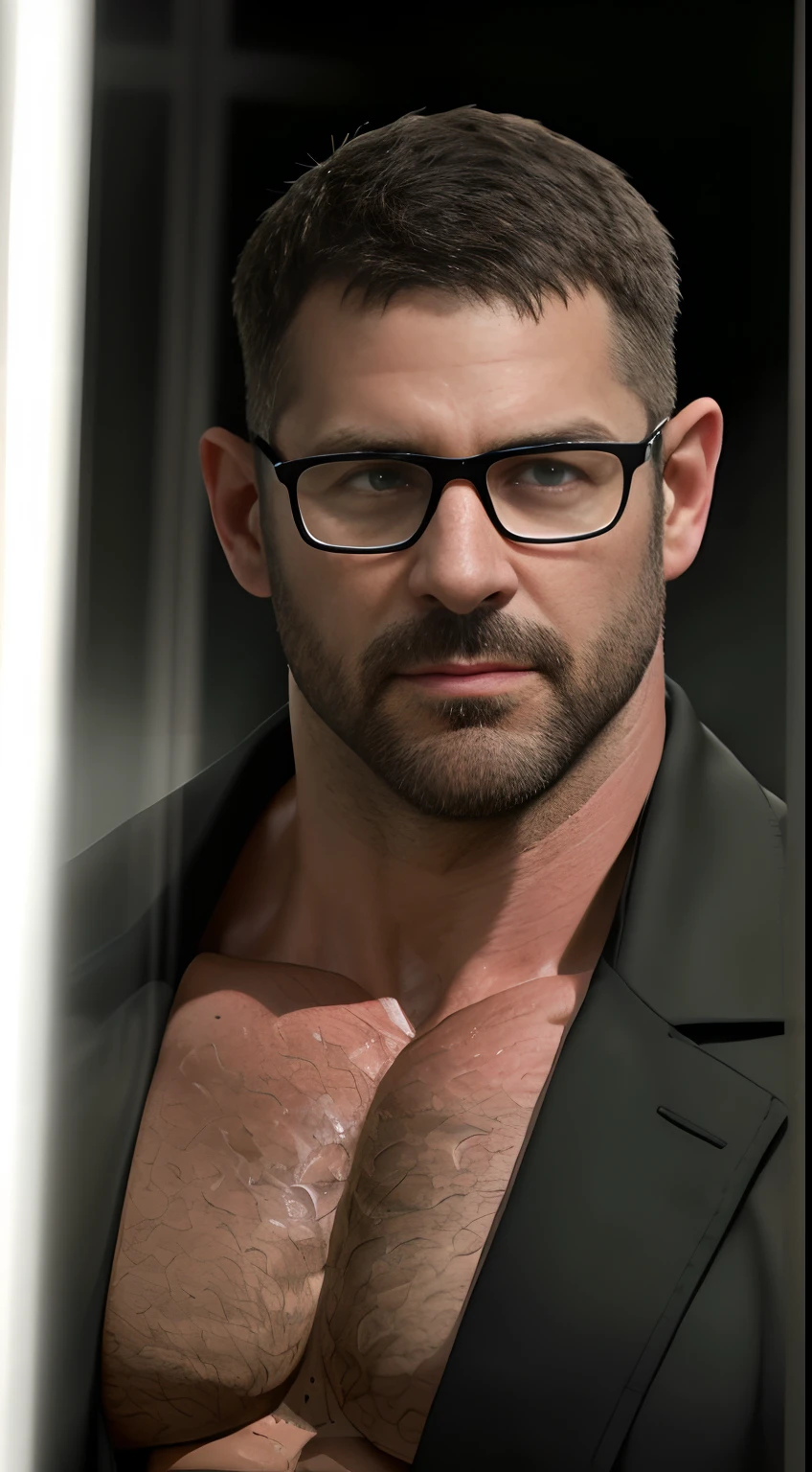 An award-winning original photo,A wild muscular man, (40 years old daddy:1.1), 1boy, Solo, (black trouser), (green print robe), (shirtless), (big shoulders), musculature, stubbles, Short beard, Beautiful eyes:1.3, ), (Detailed face:1.3), wearing glasses, Dynamic Angle, dramatic pose, voluminetric lighting, (Best quality, A high resolution, Photorealistic), Cinematic lighting, Masterpiece, RAW photo, Intricate details, hdr