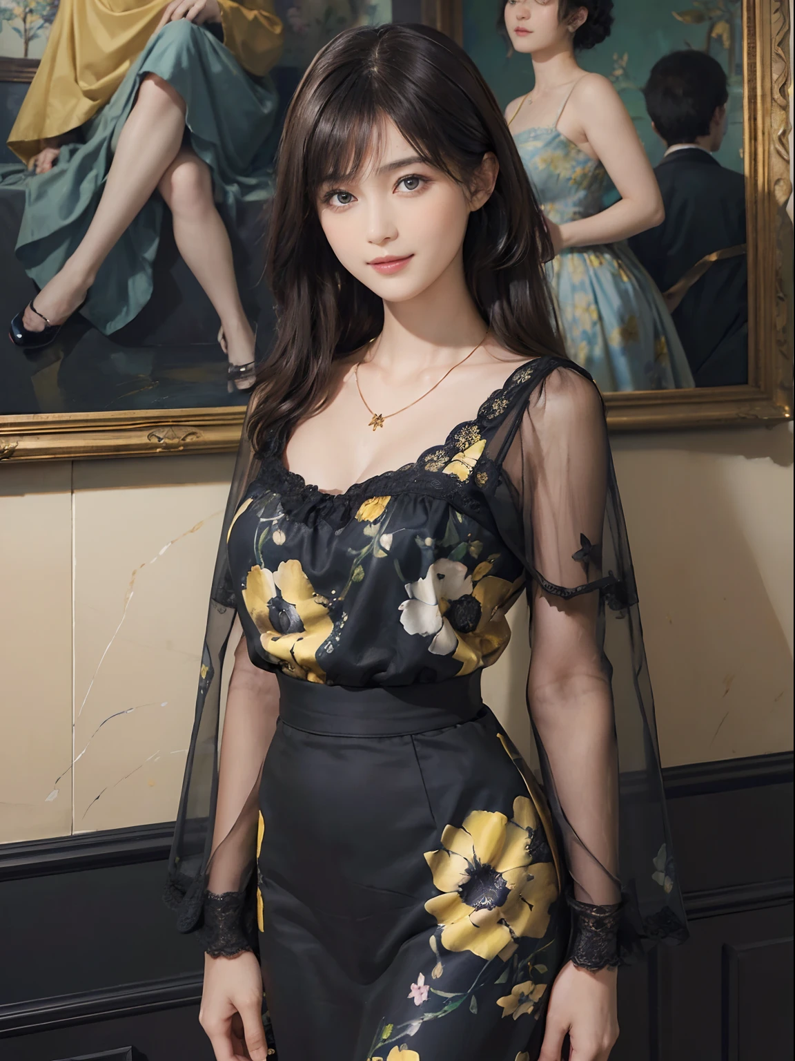 (((Black shorthair))), (Louvre Museum), Pose Seductive, (A hyper-realistic), (Illustration), (Increased resolution), (8KUHD), (Extremely detailed), (Best Illustration), (Beautiful and detailed eyes), (Best Quality), (ultra-detailliert), (masutepiece ), ( Wallpaper), (Detailed face), Solo, (One woman wearing blue and yellow clothes), (Floral clothing), (Breast bulge), Fine details, Detailed face, Deep Shadows, lowkey, pureerosfaceace_v1, Smiling, 46 point slanted bangs, (Stand in front of an abstract painting), Wearing a necklace