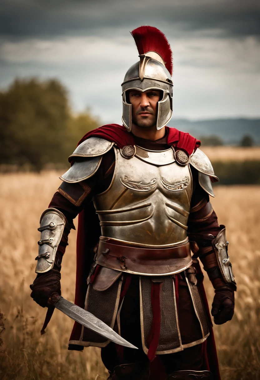 Spartan warrior, bloody armor, on battlefield, On his knees, Facing the front, Injured and exhausted