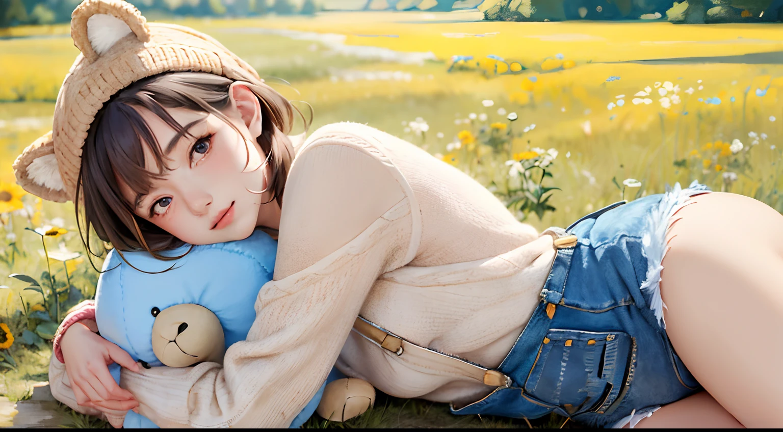 (masterpiece:1.5, best quality:1.5), realistic, (hyper realistic:1.5), (photo realistic:1.5), (real picture, intricate details), looking at viewer, (8k wallpaper:1.5) (from knee to head:1.15), (detailed face:1.5), (detailed eyes:1.5), (sharp photo),highly detailed, ultra-detailed, ultra high res, (strong depth of field:1.5)
Style - Cute and playful
Locate - Open field
Background - Blue sky with white clouds
Subject - Small girl with pink knitwear and animal ear hat, holding a teddy bear
View - Front view
Appearance - Short hair, bright eyes, rosy cheeks
Outfit - Pink knit sweater, denim overalls, white sneakers, animal ear hat
Pose - Standing with a big smile, hugging the teddy bear
Details - Wildflowers and tall grass in the background, butterflies and birds flying around
Effects - Warm sunlight shining on the girl, casting a soft glow
Description - A cute and innocent girl enjoys her time in an open field, surrounded by the beauty of nature. She wears a pink knit sweater, denim overalls, and an animal ear hat while hugging a teddy bear. The warm sunlight shines on her and the wildflowers sway gently in the breeze. Butterflies and birds fly around her, adding to the playful atmosphere.