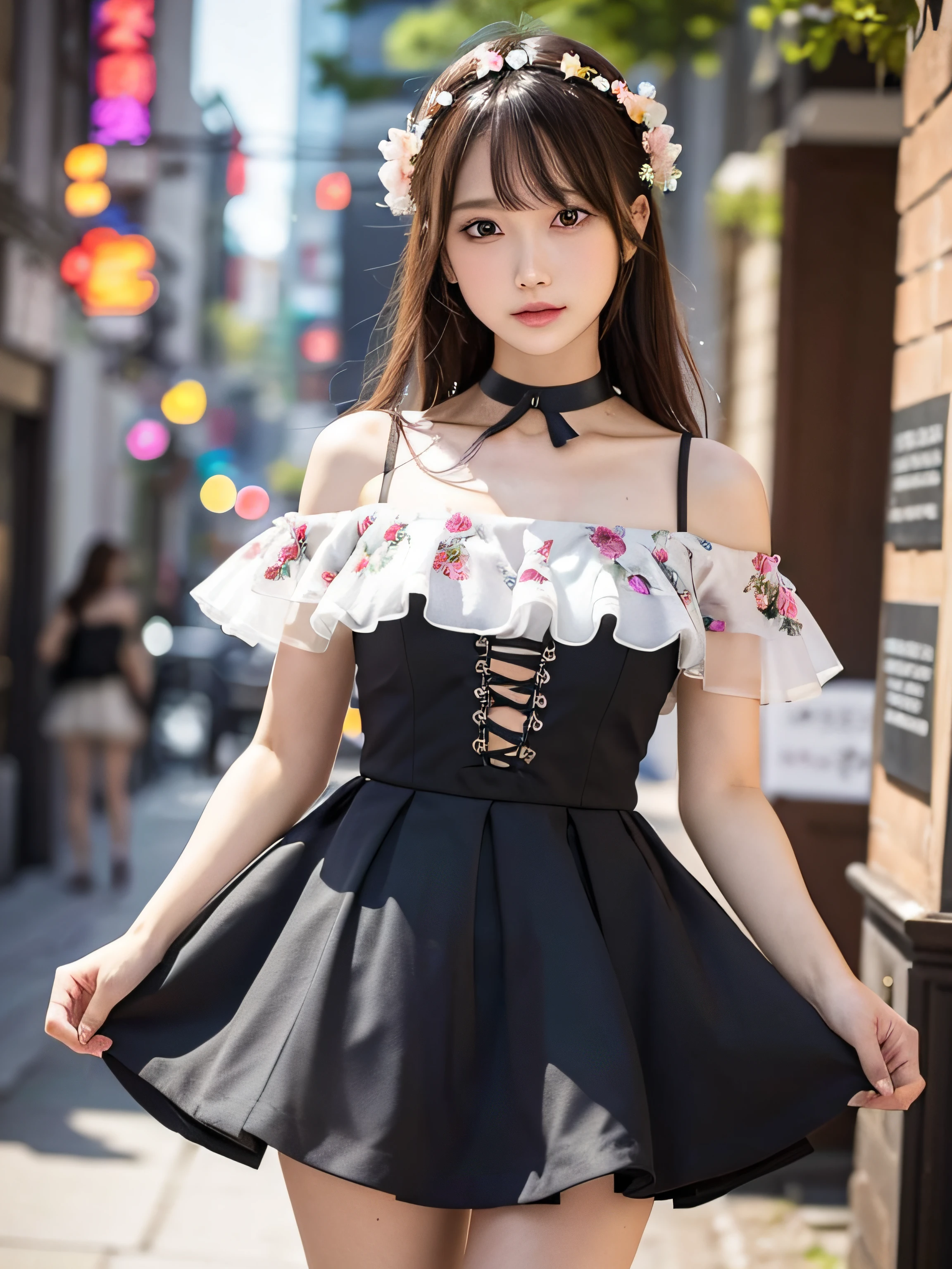 (Best Quality, masutepiece), 1girl in, Intricate details, off shoulders, Slender body skirt, Choker, frilld, See-through, Looking at Viewer, blush, Upper body, Blurry background, with floral pattern, facing