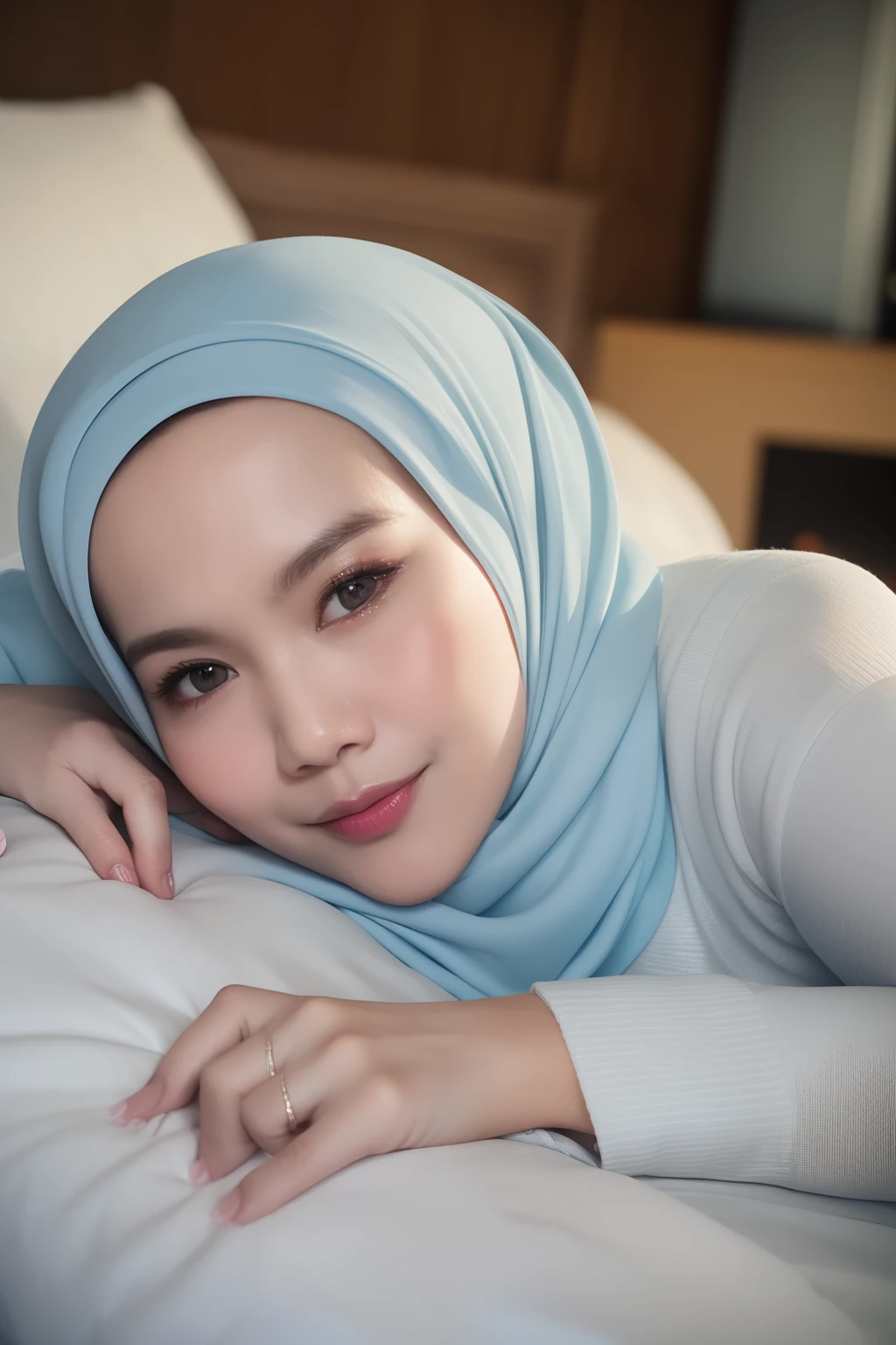 matured malay woman in hijab naked sleeping in bed portrait photography, lying in bed naked, mid shot photo, ultra detail, professional photograph with professional lighting, smile, light blue bed, bedroom, sexy seducing sleep pose, curvy