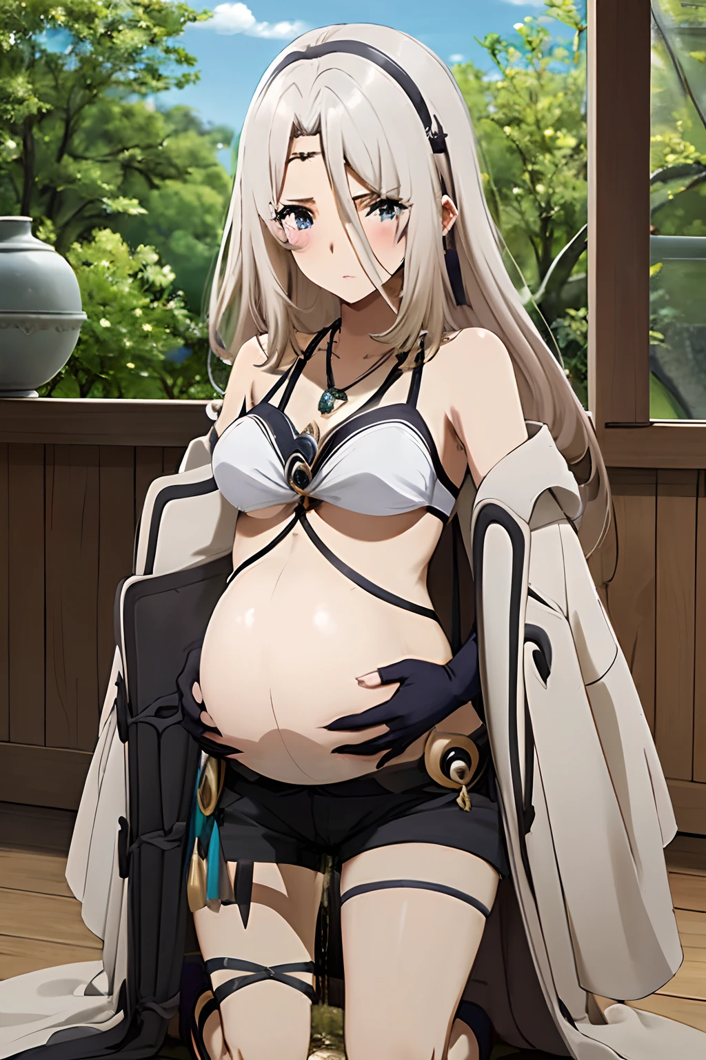 masterpiece, Best quality, 1girl, anime girl, gray robe, tattered edges, white bikini top, black short pants with gold accessories, leg stocking on her right leg from just above the ankle to the middle of her thigh, while her left leg is bare save for two straps, black gloves, jewel-adorned hairband, a necklace with what appears to be a sapphire, Pregnant, (a girl is peeing:1.7), amniotic fluid, blushing, heavy breath, in pain, kneel down, mediaval age road