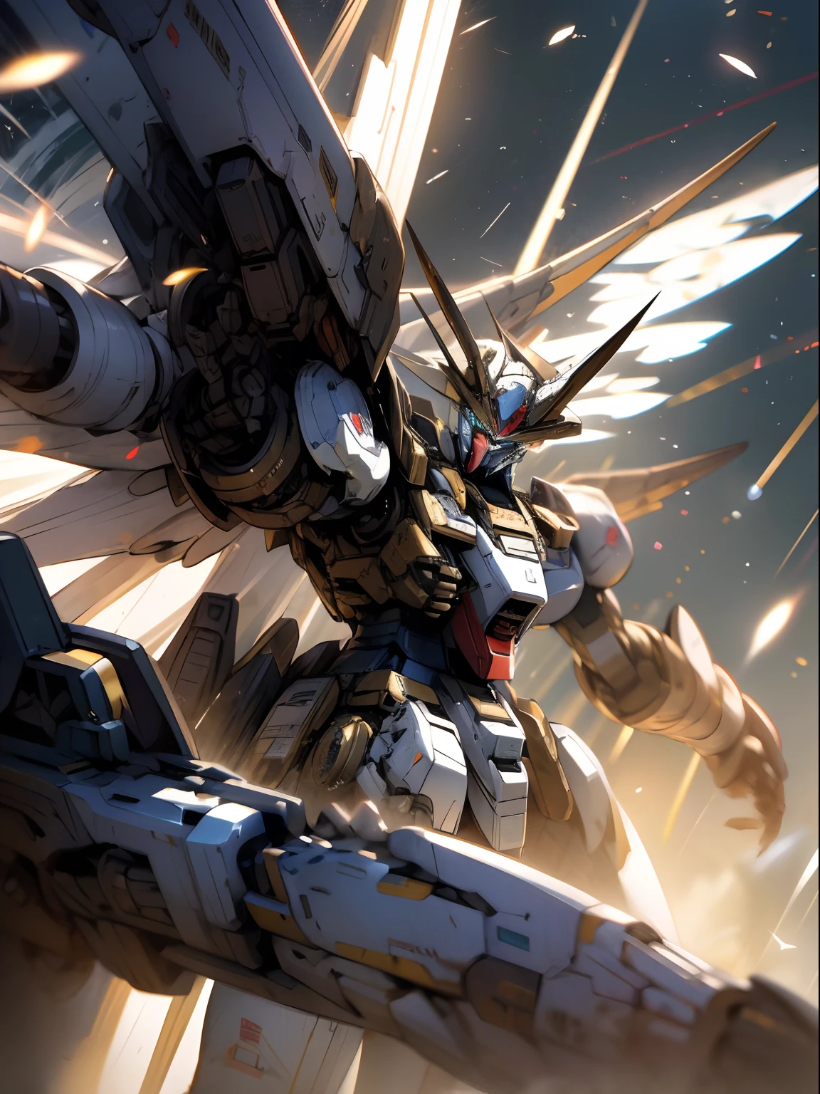 illustrious，Best quality at best，8K，VerydetailedCG，Gundam robots，kosmos，Earth background，War front，battle mode，Guild wars，Shooting，Pitch-black universe,RX78,Metal wings，Long Gun，Flight attitude，Faraway view，shot from a far distance，