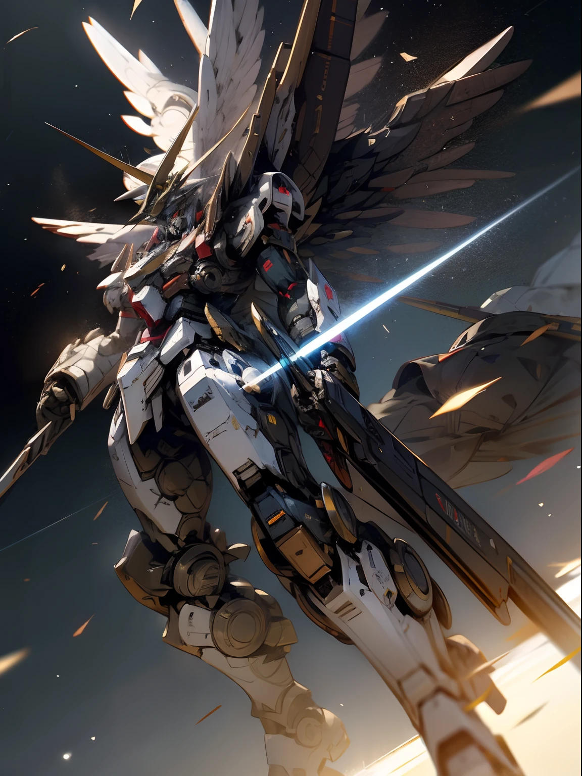 illustrious，Best quality at best，8K，VerydetailedCG，Gundam robots，kosmos，Earth background，War front，battle mode，Guild wars，Shooting，Pitch-black universe,RX78,Metal wings，Long Gun，Flight attitude，Faraway view，shot from a far distance，