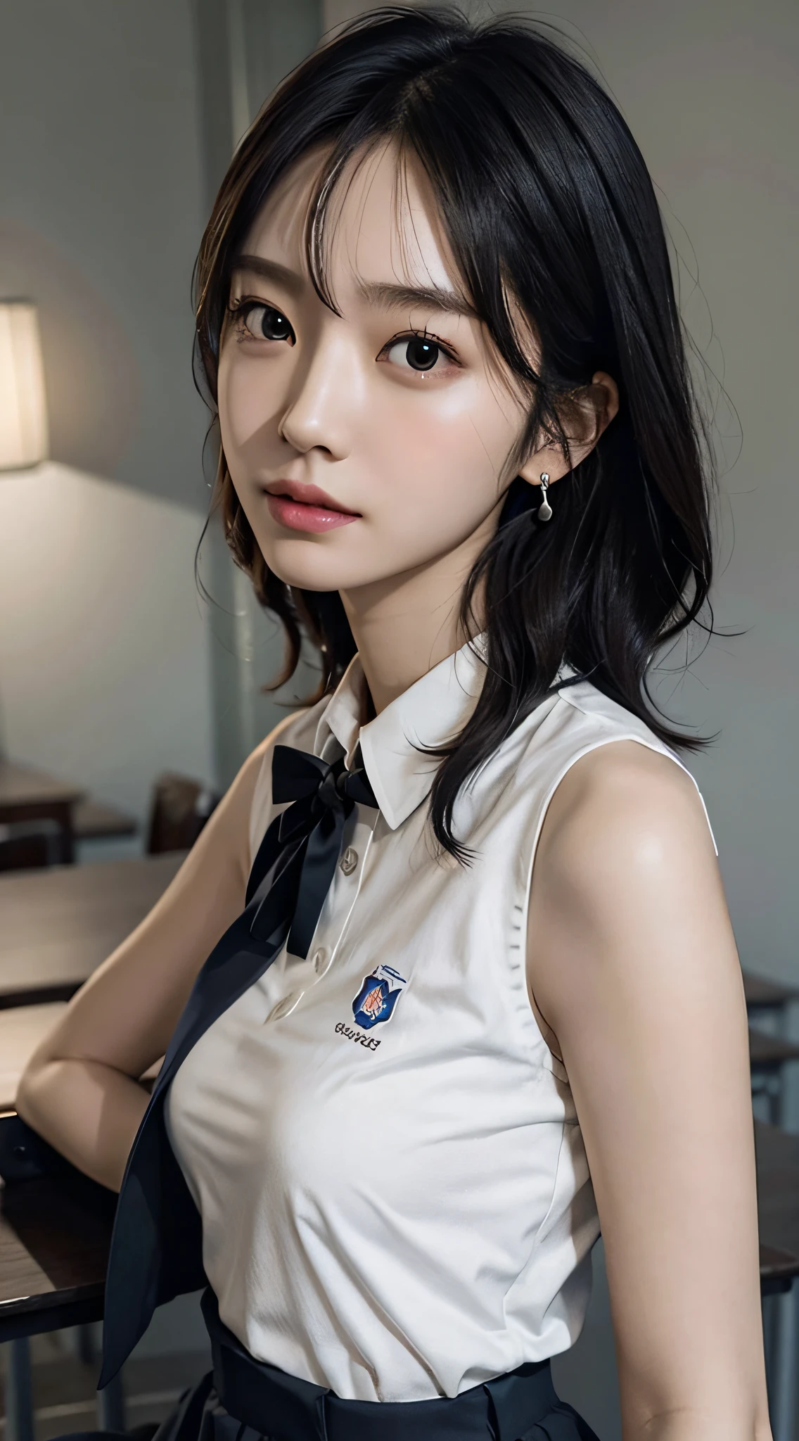(very huge breasts, perfect anatomy:1.4), (short wavy hair, full body:1.1), (Korean school uniform, summer school uniform shirt, sleeveless:1.4), whole body, RAW photo, extremely delicate and beautiful, masterpiece, Best Quality, ultra high resolution, 16k, hyperrealistic, ultra-detailed, Very detailed CG 8k wallpaper, Beautiful Lighting, Perfect Lightning, Realistic Shadows, super Detailed shiny skin, perfect figure, Japanese woman, late 20s, Slim body, Slim abdomen, very small head, handsome detailed woman, very detailed eyes and face, realistic face proportions, Stunning detailed eyes, Realistic beautiful face, very small face, Realistic small beautiful eyes, double eyelids, makeup, tearful mole, mole on chest, earring, bare legs, beautiful and very thin legs, beautiful and very thin thighs, narrow waist, (cleavage, Soft midriff, Fine Collarbone, off-shoulder:0.1),