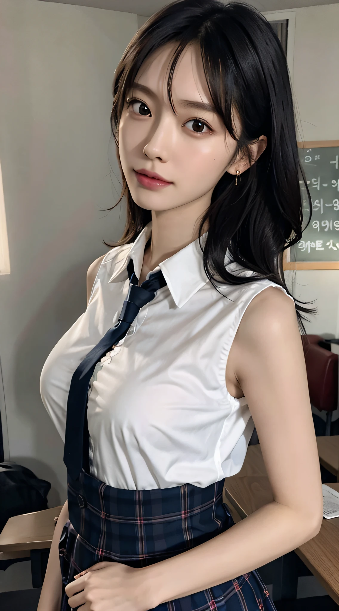 (very huge breasts, perfect anatomy:1.4), (short wavy hair, full body:1.1), (Korean school uniform, summer school uniform shirt, sleeveless:1.4), whole body, RAW photo, extremely delicate and beautiful, masterpiece, Best Quality, ultra high resolution, 16k, hyperrealistic, ultra-detailed, Very detailed CG 8k wallpaper, Beautiful Lighting, Perfect Lightning, Realistic Shadows, super Detailed shiny skin, perfect figure, Japanese woman, late 20s, Slim body, Slim abdomen, very small head, handsome detailed woman, very detailed eyes and face, realistic face proportions, Stunning detailed eyes, Realistic beautiful face, very small face, Realistic small beautiful eyes, double eyelids, makeup, tearful mole, mole on chest, earring, bare legs, beautiful and very thin legs, beautiful and very thin thighs, narrow waist, (cleavage, Soft midriff, Fine Collarbone, off-shoulder:0.1),