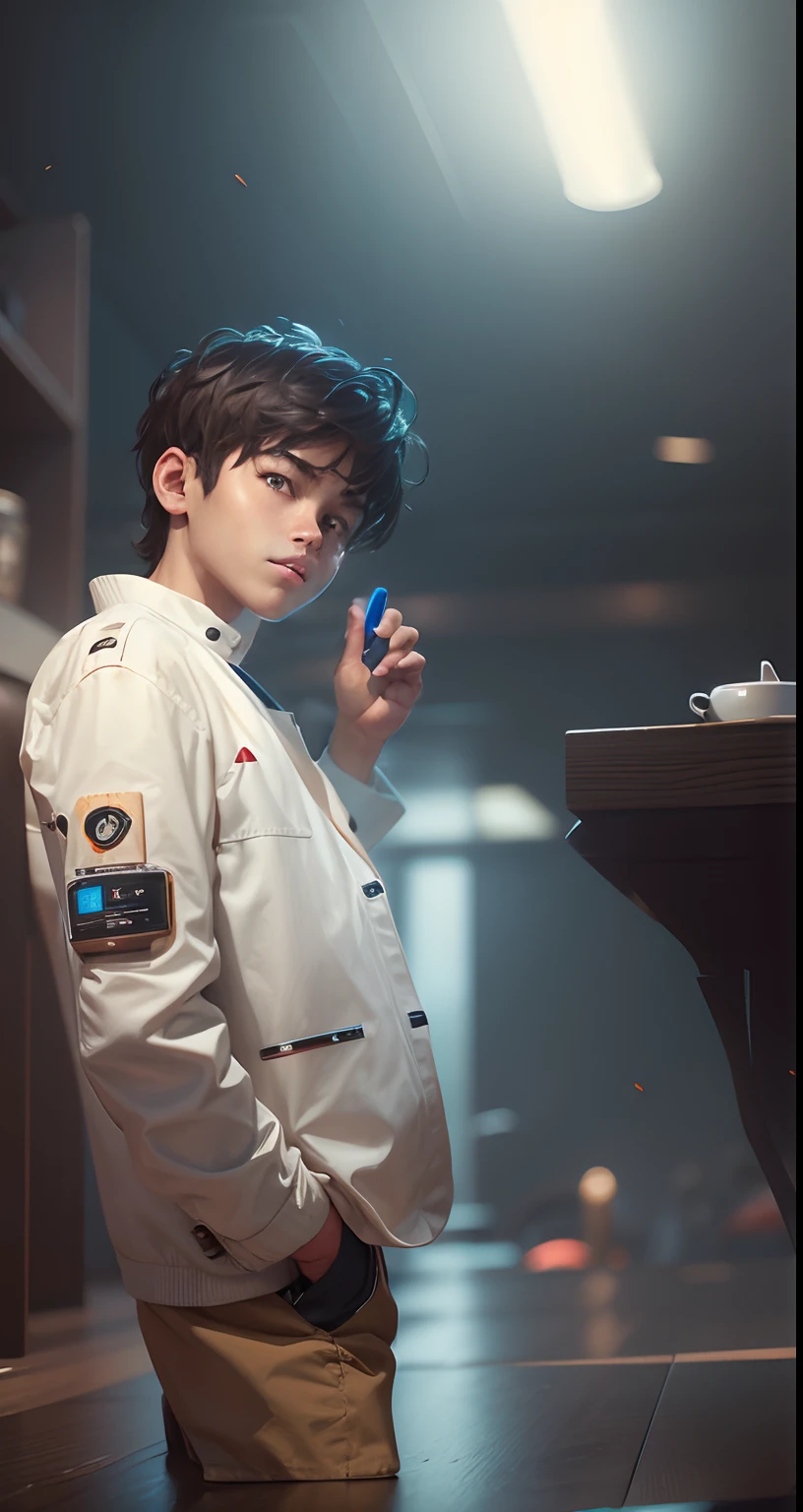 (boy,sitting,futuristic) ,(cup,coffee), (background), (realistic:1.2), (face:1.1),(8k,ultra hd),(vivid colors)