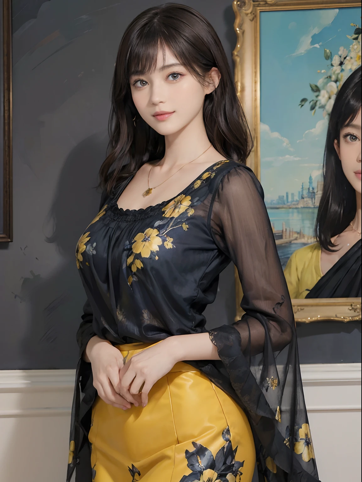 (((Black shorthair))), (Louvre Museum), Pose Seductive, (A hyper-realistic), (Illustration), (Increased resolution), (8KUHD), (Extremely detailed), (Best Illustration), (Beautiful and detailed eyes), (Best Quality), (ultra-detailliert), (masutepiece ), ( Wallpaper), (Detailed face), Solo, (One woman wearing blue and yellow clothes), (Floral clothing), (Breast bulge), Fine details, Detailed face, Deep Shadows, lowkey, pureerosfaceace_v1, Smiling, 46 point slanted bangs, (Stand in front of an abstract painting), Wearing a necklace