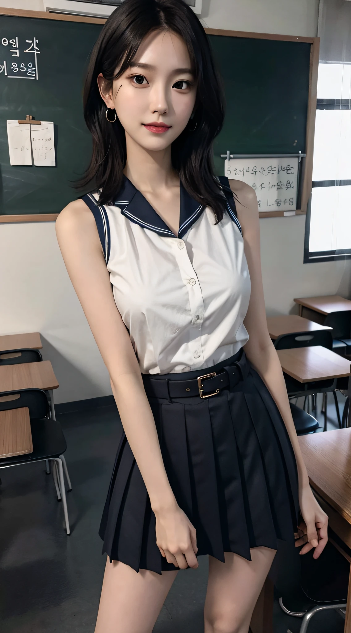 (very huge breasts, perfect anatomy, full body:1.4), (short wavy hair:1.1), (Korean school uniform, summer school uniform shirt, sleeveless:1.4), whole body, RAW photo, extremely delicate and beautiful, masterpiece, Best Quality, ultra high resolution, 16k, hyperrealistic, ultra-detailed, Very detailed CG 8k wallpaper, Beautiful Lighting, Perfect Lightning, Realistic Shadows, super Detailed shiny skin, perfect figure, Japanese woman, late 20s, Slim body, Slim abdomen, very small head, handsome detailed woman, very detailed eyes and face, realistic face proportions, Stunning detailed eyes, Realistic beautiful face, very small face, Realistic small beautiful eyes, double eyelids, makeup, tearful mole, mole on chest, earring, bare legs, beautiful and very thin legs, beautiful and very thin thighs, narrow waist, (cleavage, Soft midriff, Fine Collarbone, off-shoulder:0.1),