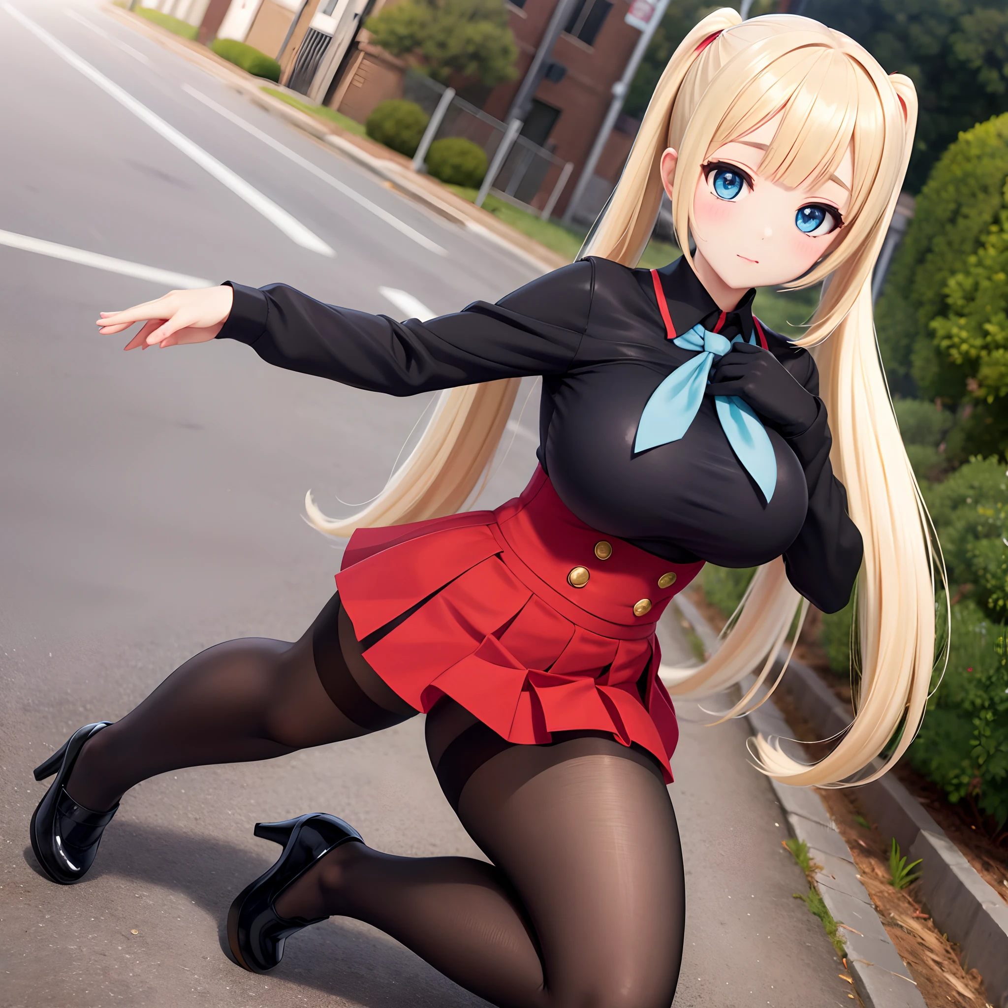 safe for work, 1girl, solo, solo focus, A hentai manga character, Nanako Von Meinsfelt, by Fan no hitori, uploaded to Nhentai.net, blonde hair twintail, ojou-sama, black school uniform, red cravat with a white cross on it, black pantyhose, brown mary jane shoes, a pleated skirt, with stunning blue eyes, large breasts, thick thighs, masterpiece, best quality, full-body portrait, background messy alleyway