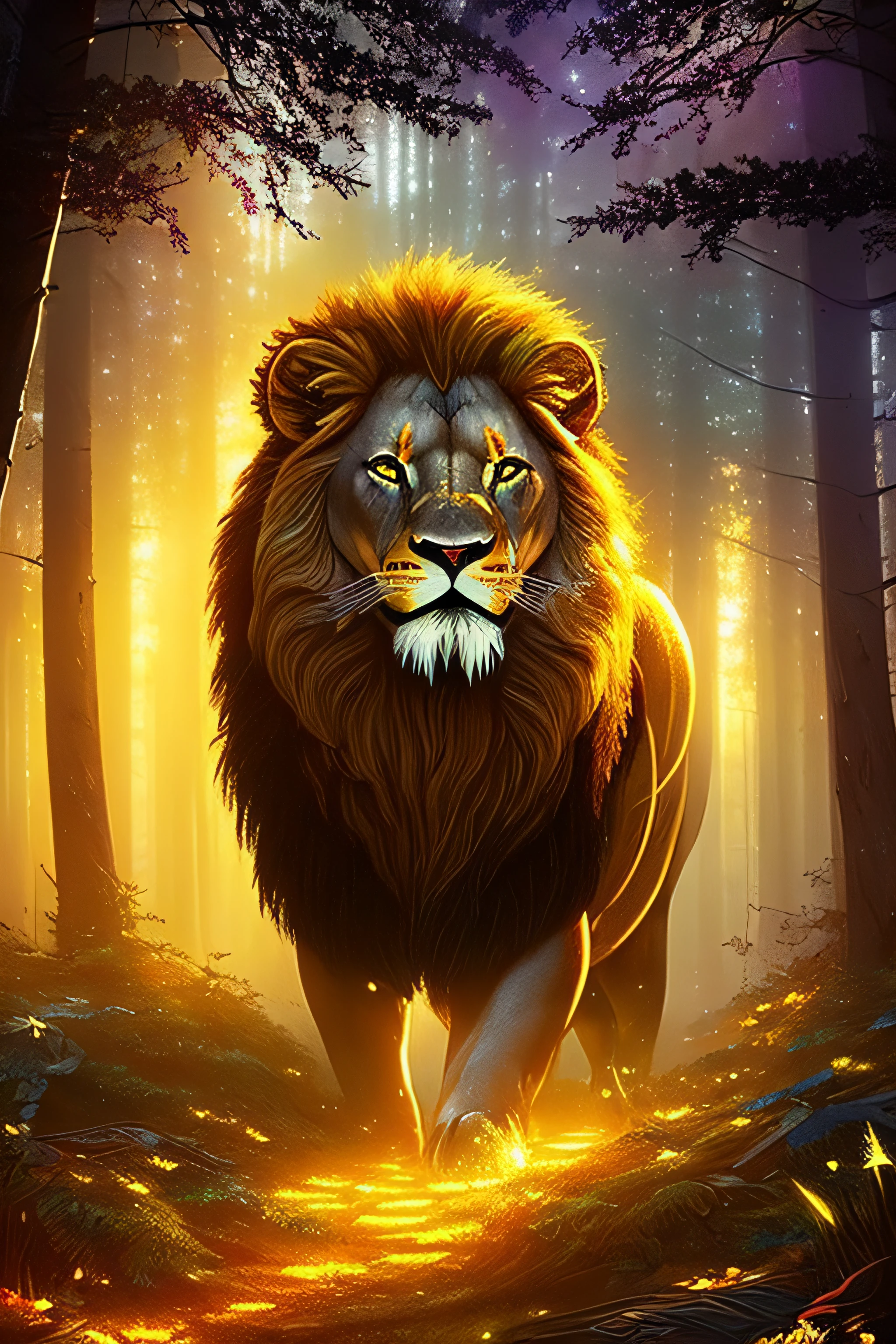 "((masterpiece)) Lion in the ((foggy)) ,((magical dark forest :1.2))at late dusk time, with ((strong dark shadows recommended for scene:1.2)), a glowing magical lion,golden glowing flowers ,((glowing butterfly )), beautiful magical style, golden water reflection,fierce, concept art, digital painting."