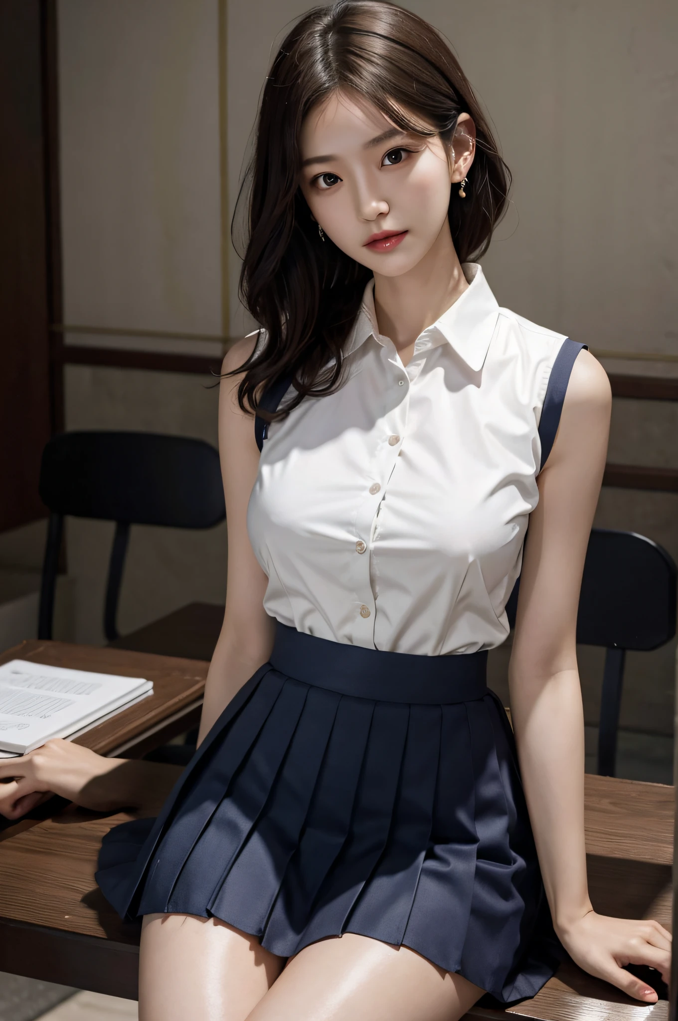 (very huge breasts, perfect anatomy:1.4), (short wavy hair, full body:1.1), (Korean school uniform, summer school uniform shirt, sleeveless:1.4), whole body, RAW photo, extremely delicate and beautiful, masterpiece, Best Quality, ultra high resolution, 16k, hyperrealistic, ultra-detailed, Very detailed CG 8k wallpaper, Beautiful Lighting, Perfect Lightning, Realistic Shadows, super Detailed shiny skin, perfect figure, Japanese woman, late 20s, Slim body, Slim abdomen, very small head, handsome detailed woman, very detailed eyes and face, realistic face proportions, Stunning detailed eyes, Realistic beautiful face, very small face, Realistic small beautiful eyes, double eyelids, makeup, tearful mole, mole on chest, earring, bare legs, beautiful and very thin legs, beautiful and very thin thighs, narrow waist, (cleavage, Soft midriff, Fine Collarbone, off-shoulder:0.1),