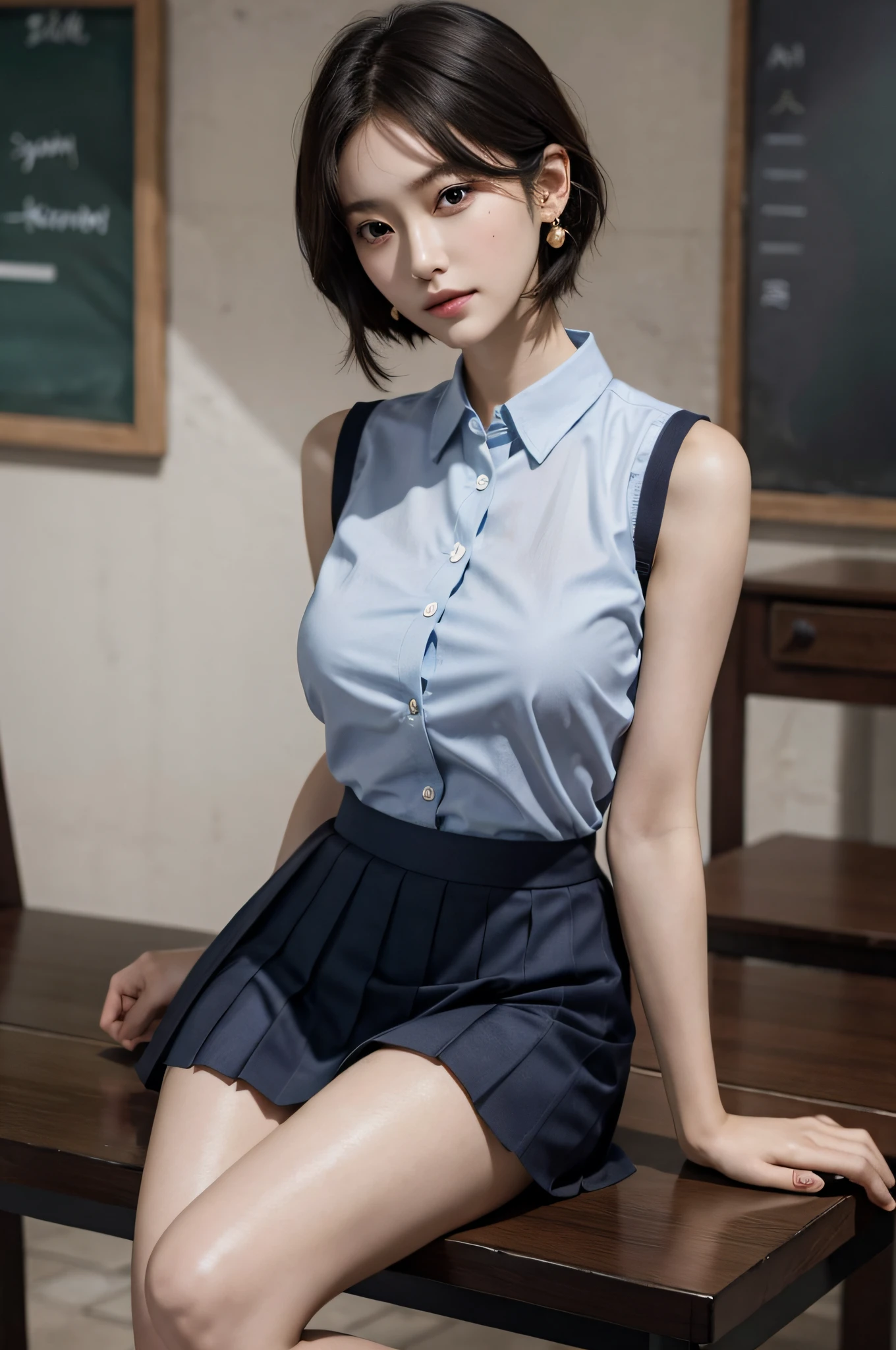 (very huge breasts, perfect anatomy:1.4), (short wavy hair, full body:1.1), (Korean school uniform, summer school uniform shirt, sleeveless:1.4), whole body, RAW photo, extremely delicate and beautiful, masterpiece, Best Quality, ultra high resolution, 16k, hyperrealistic, ultra-detailed, Very detailed CG 8k wallpaper, Beautiful Lighting, Perfect Lightning, Realistic Shadows, super Detailed shiny skin, perfect figure, Japanese woman, late 20s, Slim body, Slim abdomen, very small head, handsome detailed woman, very detailed eyes and face, realistic face proportions, Stunning detailed eyes, Realistic beautiful face, very small face, Realistic small beautiful eyes, double eyelids, makeup, tearful mole, mole on chest, earring, bare legs, beautiful and very thin legs, beautiful and very thin thighs, narrow waist, (cleavage, Soft midriff, Fine Collarbone, off-shoulder:0.1),