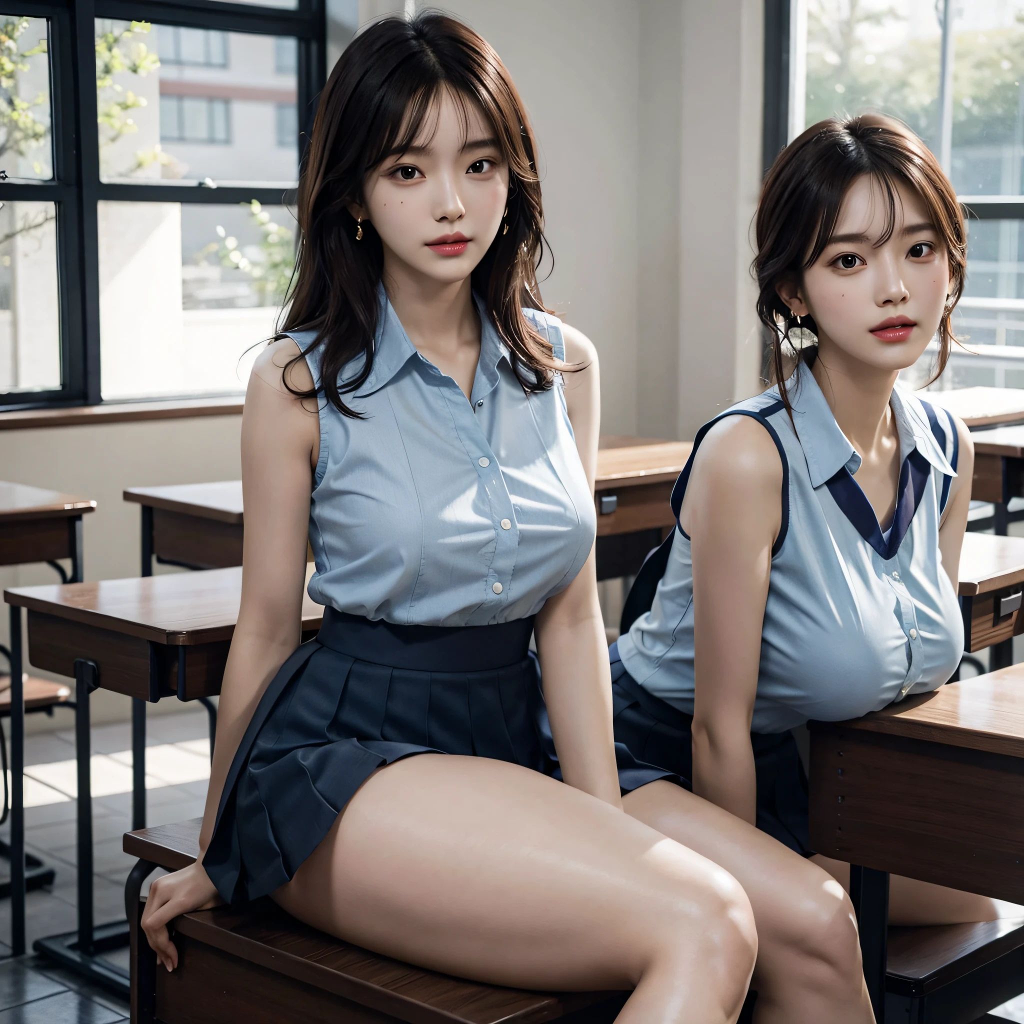 (very huge breasts, perfect anatomy:1.4), (short wavy hair, full body:1.1), (Korean school uniform, summer school uniform shirt, sleeveless:1.4), whole body, RAW photo, extremely delicate and beautiful, masterpiece, Best Quality, ultra high resolution, 16k, hyperrealistic, ultra-detailed, Very detailed CG 8k wallpaper, Beautiful Lighting, Perfect Lightning, Realistic Shadows, super Detailed shiny skin, perfect figure, Japanese woman, late 20s, Slim body, Slim abdomen, very small head, handsome detailed woman, very detailed eyes and face, realistic face proportions, Stunning detailed eyes, Realistic beautiful face, very small face, Realistic small beautiful eyes, double eyelids, makeup, tearful mole, mole on chest, earring, bare legs, beautiful and very thin legs, beautiful and very thin thighs, narrow waist, (cleavage, Soft midriff, Fine Collarbone, off-shoulder:0.1),