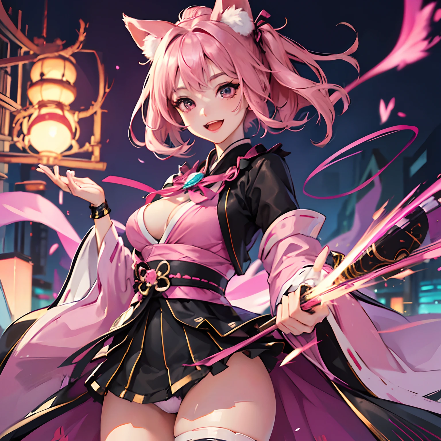 {{{Kimono}}} girl ,animal ears ,breasts ,{pink hair} ,medium breasts ,tail, ,petit,:d,smile, ,bubble_butt, from_below, depth, (Highest Quality, Amazing Details:1.25), cinematic lighting, unique, whole body in picture, black gloves