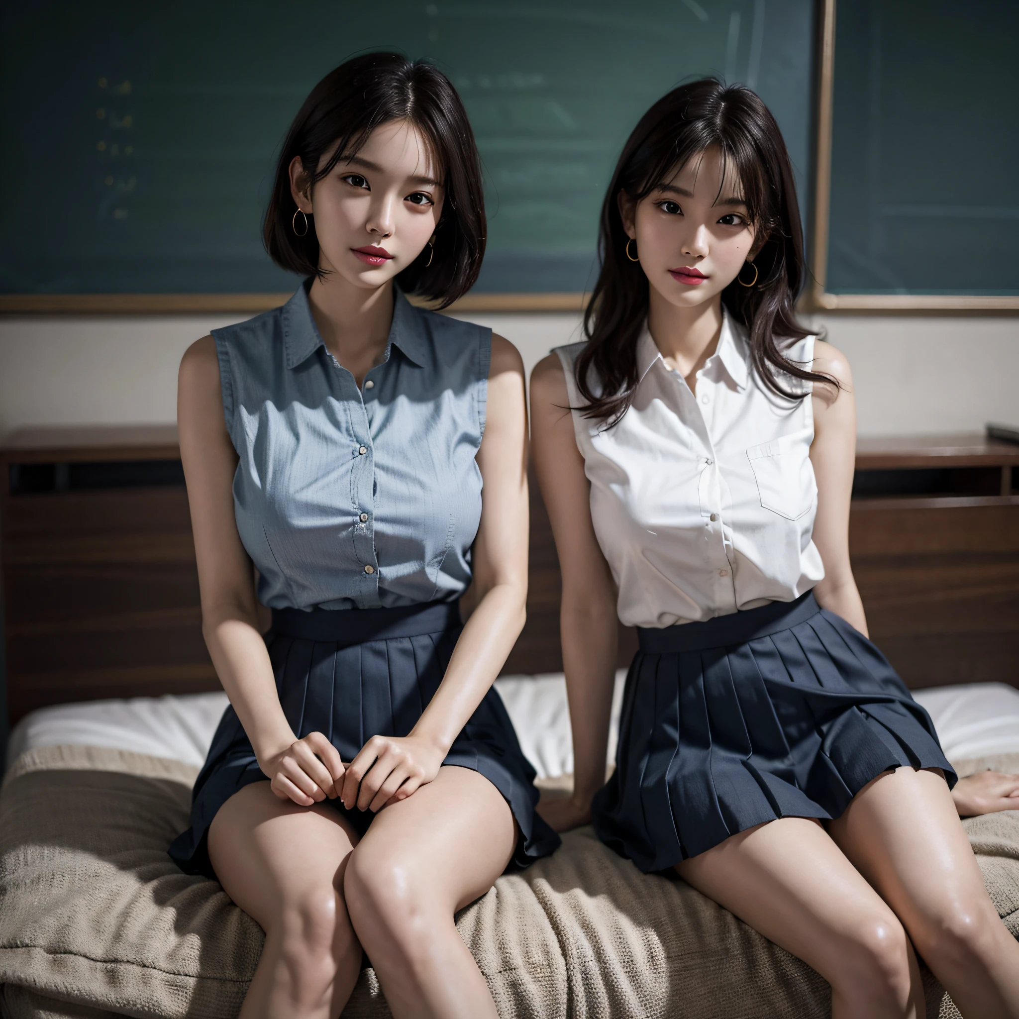 (very huge breasts, perfect anatomy:1.4), (short wavy hair, full body:1.1), (Korean school uniform, summer school uniform shirt, sleeveless:1.4), whole body, RAW photo, extremely delicate and beautiful, masterpiece, Best Quality, ultra high resolution, 16k, hyperrealistic, ultra-detailed, Very detailed CG 8k wallpaper, Beautiful Lighting, Perfect Lightning, Realistic Shadows, super Detailed shiny skin, perfect figure, Japanese woman, late 20s, Slim body, Slim abdomen, very small head, handsome detailed woman, very detailed eyes and face, realistic face proportions, Stunning detailed eyes, Realistic beautiful face, very small face, Realistic small beautiful eyes, double eyelids, makeup, tearful mole, mole on chest, earring, bare legs, beautiful and very thin legs, beautiful and very thin thighs, narrow waist, (cleavage, Soft midriff, Fine Collarbone, off-shoulder:0.1),