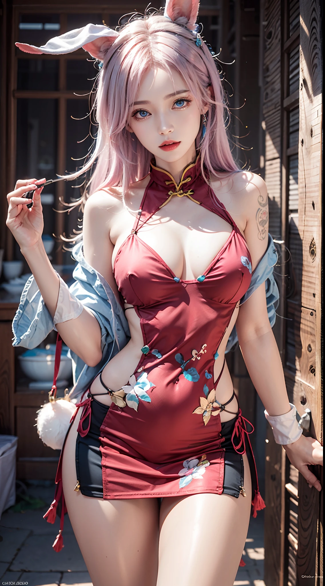 photorealistic, masterpiece, photorealistic, high resolution, soft light, hips up, (blue eyes, pink hair), fake rabbit ears, cheongsam, cheongsam, jewelry, tattoo