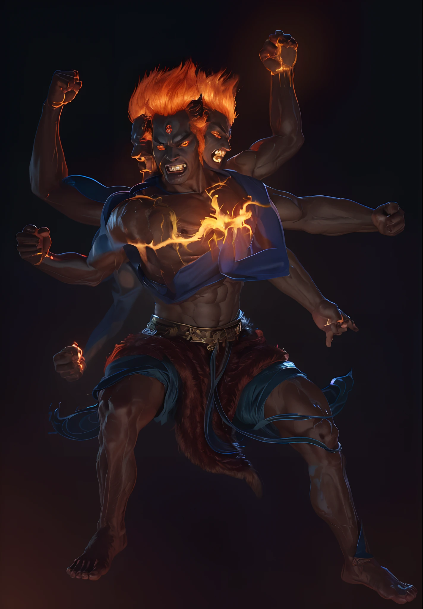 best qualtiy,tmasterpiece,超高分辨率,(Fidelity:1.4),RAW photogr,young handsome male,Facial hair,Flame hair,redheadwear,Avatar,Dark blue skin,Dark blue throughout,offcial art, (Extremely detailed Cg Unity 8K wallpaper),Stand in the sky,Pure background, 1 man,(((face))),Young and handsome face,HD face,without a beard,nice hand,Good feet,Vajra Lux,King Ming,(Three-eyed god Yang Jian mythical character),(Three heads and six arms)(Yang Jian has three heads and six arms),Solo, Swarzenegger's muscles, Skirt made of tiger skin,Wear tiger fur,Tiger-like teeth,Zombie teeth,theelementoffire,The fire roared behind him,Hellfire,asura from chinese myth,firemage,by Yang J,holy fire spell art,com um rosto quadrado,oguchi,Strong muscles, (Photorealistic:1.4), (Masterpiece), (Best quality:1.2),Light and shadow tracking,Super HD,theelementoffire,asura from chinese myth,by Yang J,holy fire spell art