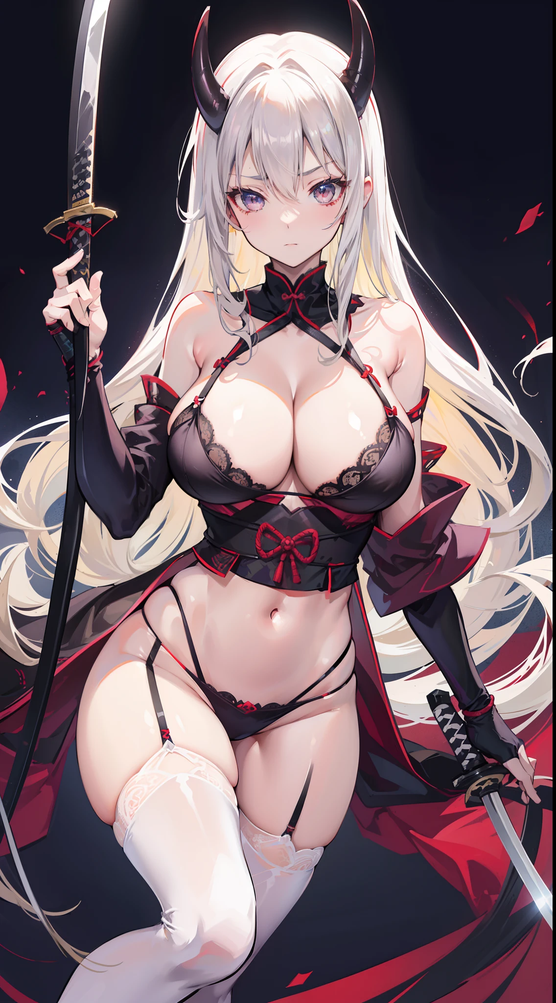 Erotic lingerie,Female ninja,a beauty girl,Japan Ninja,Night clothes,White tights,katana swords,Side breasts,Lower breast,Underarms,blond hairbl,Princess cut,Yamato Fukuko,komono,Absolute realm,Expose the side waist,oni horn,Erotic lingerie,Lace,huge tit,cleavage
