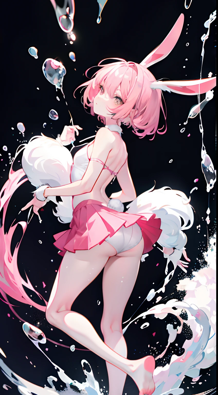 opening legs，Bunny ears，No underwear， the feet，is shy，are standing，Face back，Exposed genitals，clear liquid，Bigchest，transparent panty，soaking wet，A pink-haired，Back shadow，hindquarters，Butt towards the camera，short  skirt，stooped，Titillating