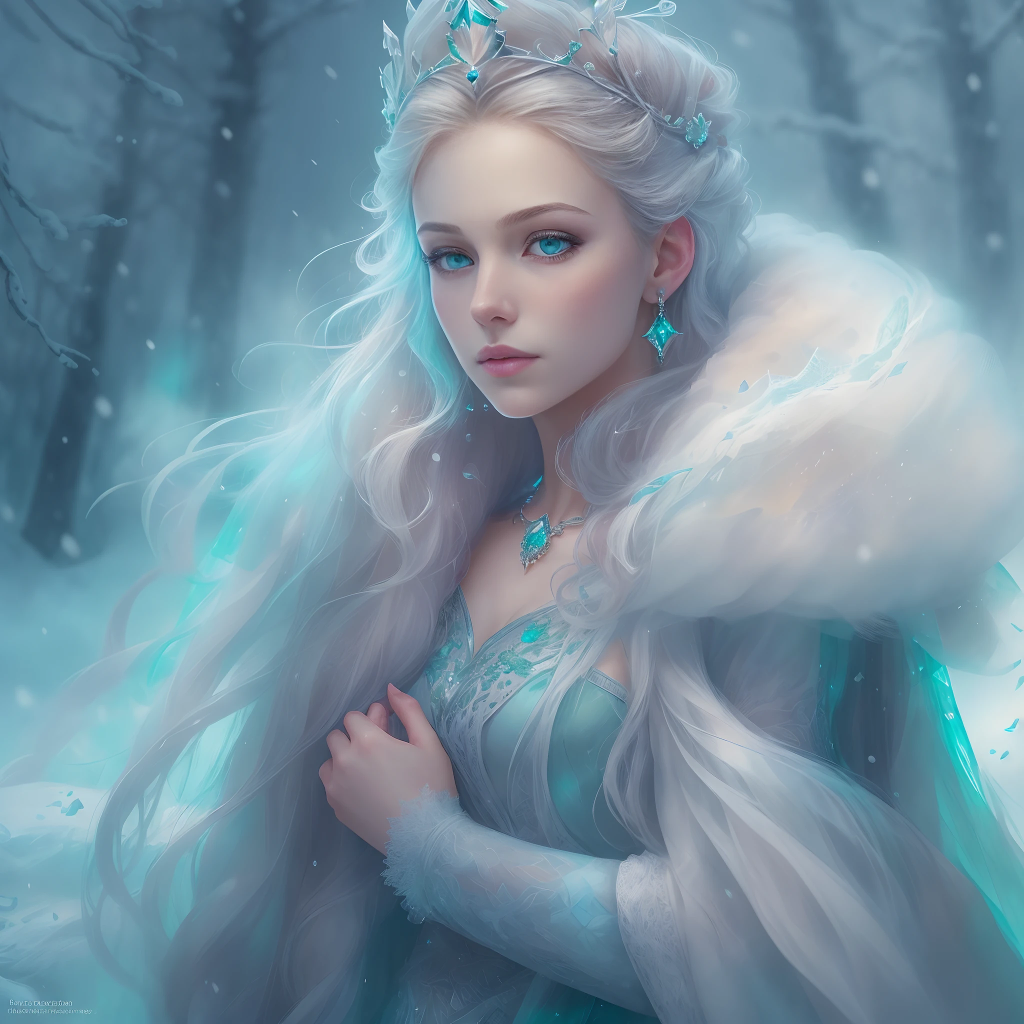 (Best quality,8K,Masterpiece:1.2),Ultra-detailed,Realistic:1.37,Portrait,A 20-year-old girl in a winter wonderland,Porcelain skin Nordic princess,The Northern Lights cast a mesmerizing glow,prefect symmetrical face，intricately details,A crown of luxury，Emerald's eyes sparkled，Show energy and ferocity,Hair flowing messily to the waist，Like the texture of silk,Elegant and elegant sculptural figures,The whole image is infused with magical light,Adobe illustration,Tranquil art station in Trondheim,High resolution female image,k hd,Cool and soft lighting,Blue and white color palette,Snow-capped Scandinavian mountains in the background