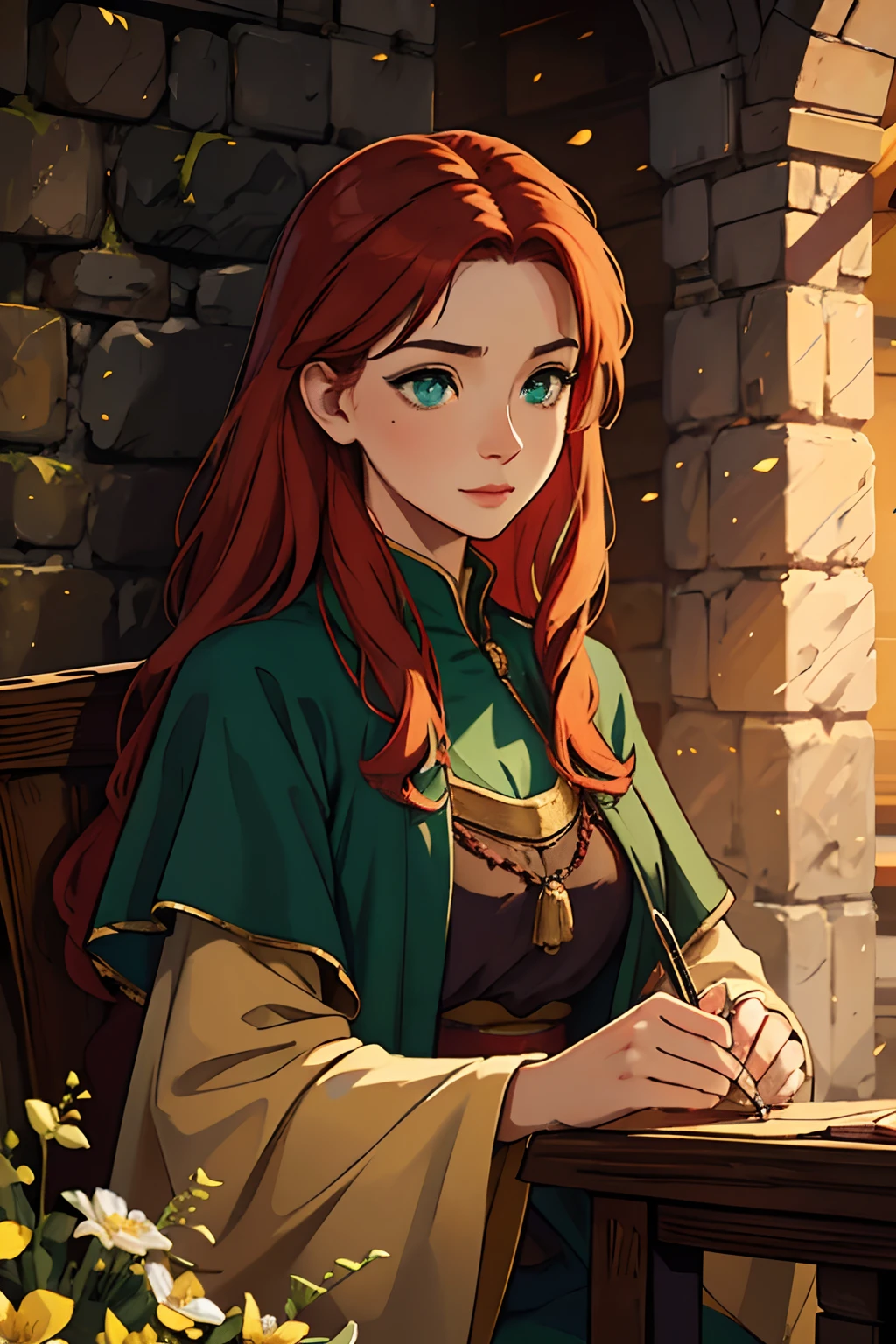 (Think of a scene where a red-haired, green-eyed woman is dressed in medieval clothes in a medieval setting)

(best quality,4k,8k,highres,masterpiece:1.2),ultra-detailed,(realistic,photorealistic,photo-realistic:1.37),
red-haired woman,bright green eyes,beautiful,attractive,mysterious,
medieval clothing,medieval setting,detailed dress,ornate clothing,fine fabrics,
stone castle,medieval architecture,cobblestone streets,
soft natural lighting,warm golden tones,ethereal atmosphere,
lush greenery,blooming flowers,fantasy elements,
intrigue and mystery in her gaze,subtle smile on her lips,sharp features,
rich color palette,vibrant shades,

Be aware of：
1. prompt requires tags to be arranged in order from highest to lowest，So I put the character details first。
2. Pay attention to the description of the details of the character，To ensure that the facial features and facial features of the person in the resulting image can meet the requirements。
3. I added some other details to add the appeal and mystery of the picture，The quality and style of the image are also emphasized。This will help generate high quality、Images with an artistic atmosphere。