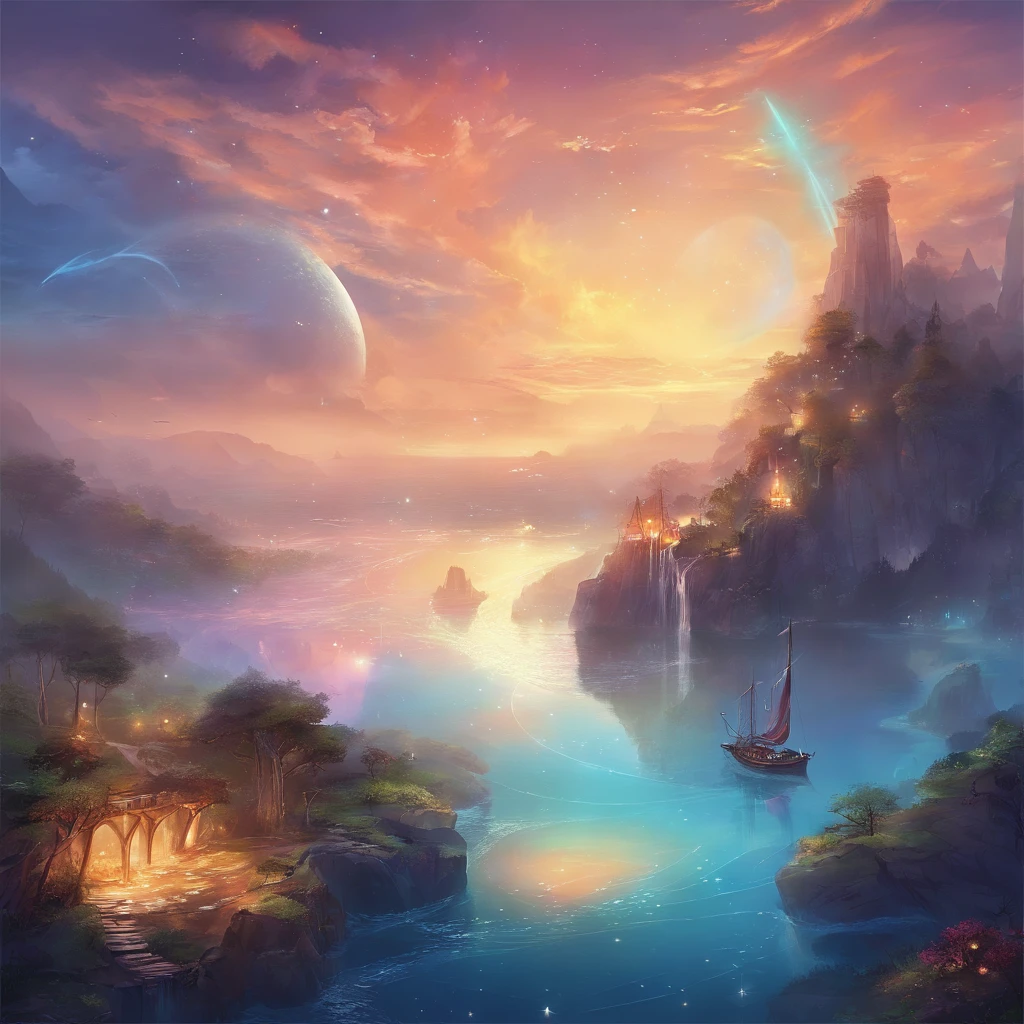 Master Parts、Superior Quality、superior image quality、The 8k quality、、Beautiful pictures of the starry sky、magnifica、Arched Milky Way:1.9、Sail ships:1.9、Blue Sea、shooting stars:1.9
