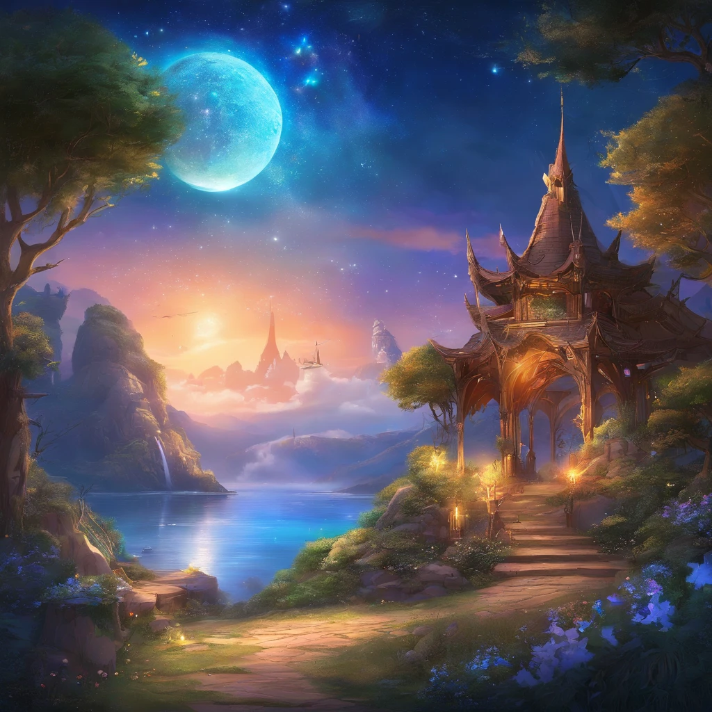A painting of a fantasy castle in the middle of a lake - SeaArt AI