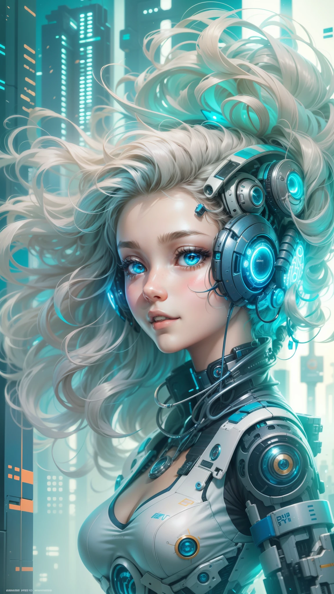 A woman with headphones and a futuristic suit in a city - SeaArt AI