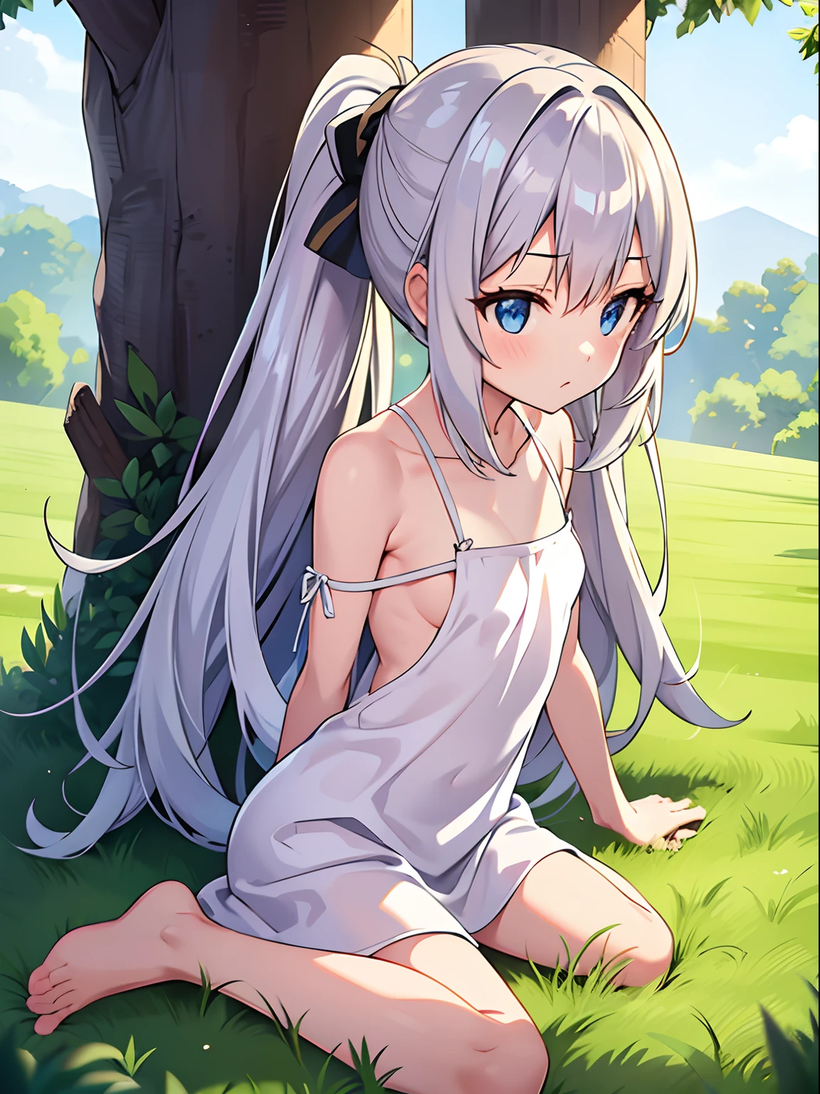 , long silver hair, ponytail,short silver dress with straps,thin legs,barefoot,white panties,marked collarbone,grass ,marked boobs,blue eyes