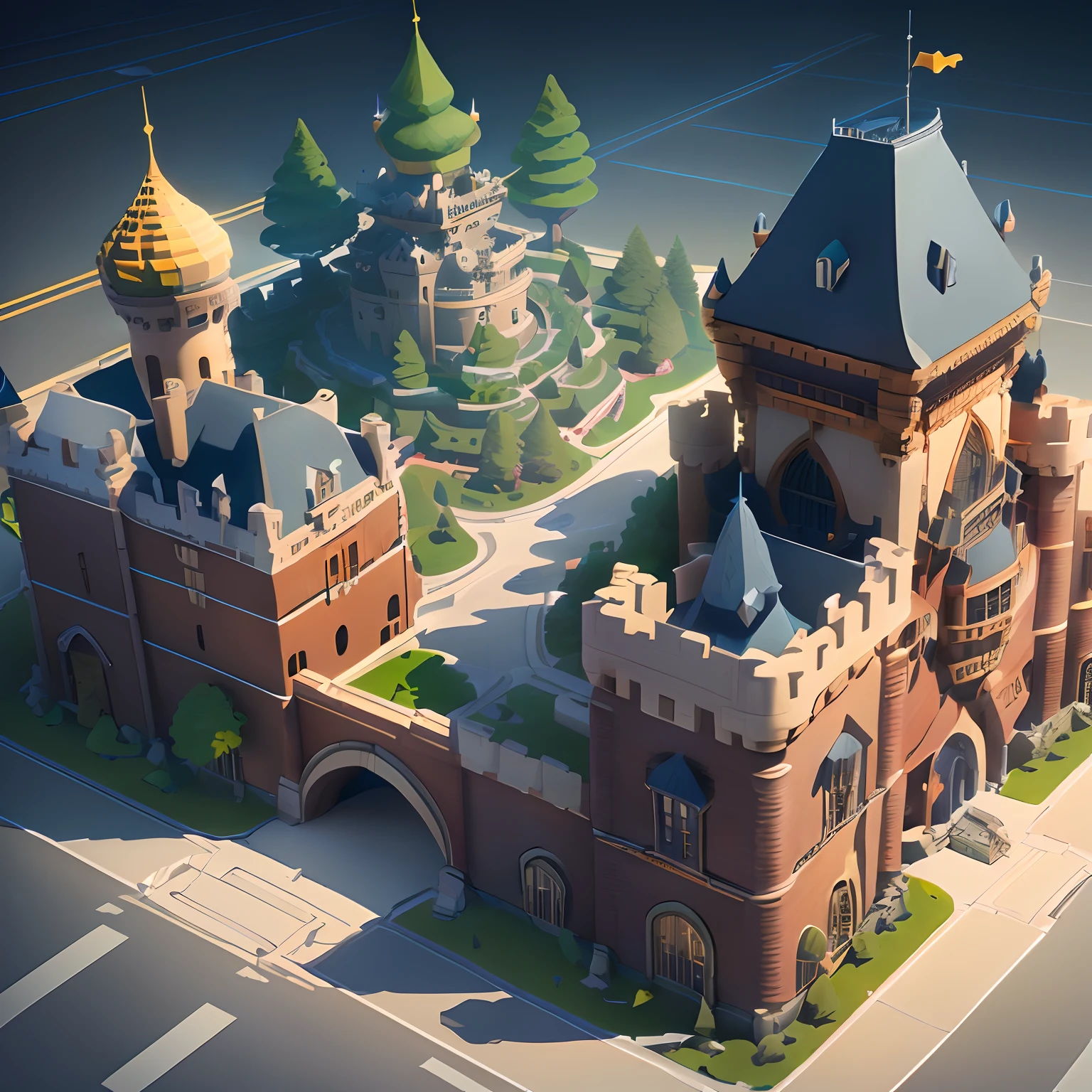 tires,Driving,Moving Castle,Huge moving castle,(Isometric 3D),(Masterpiece), (the Extremely Detailed CG Unity 8K Wallpapers), (Best quality), (Best Illustration), (Best shadow), A cute,Round castle,rendering by octane,Ray tracing,ultra - detailed