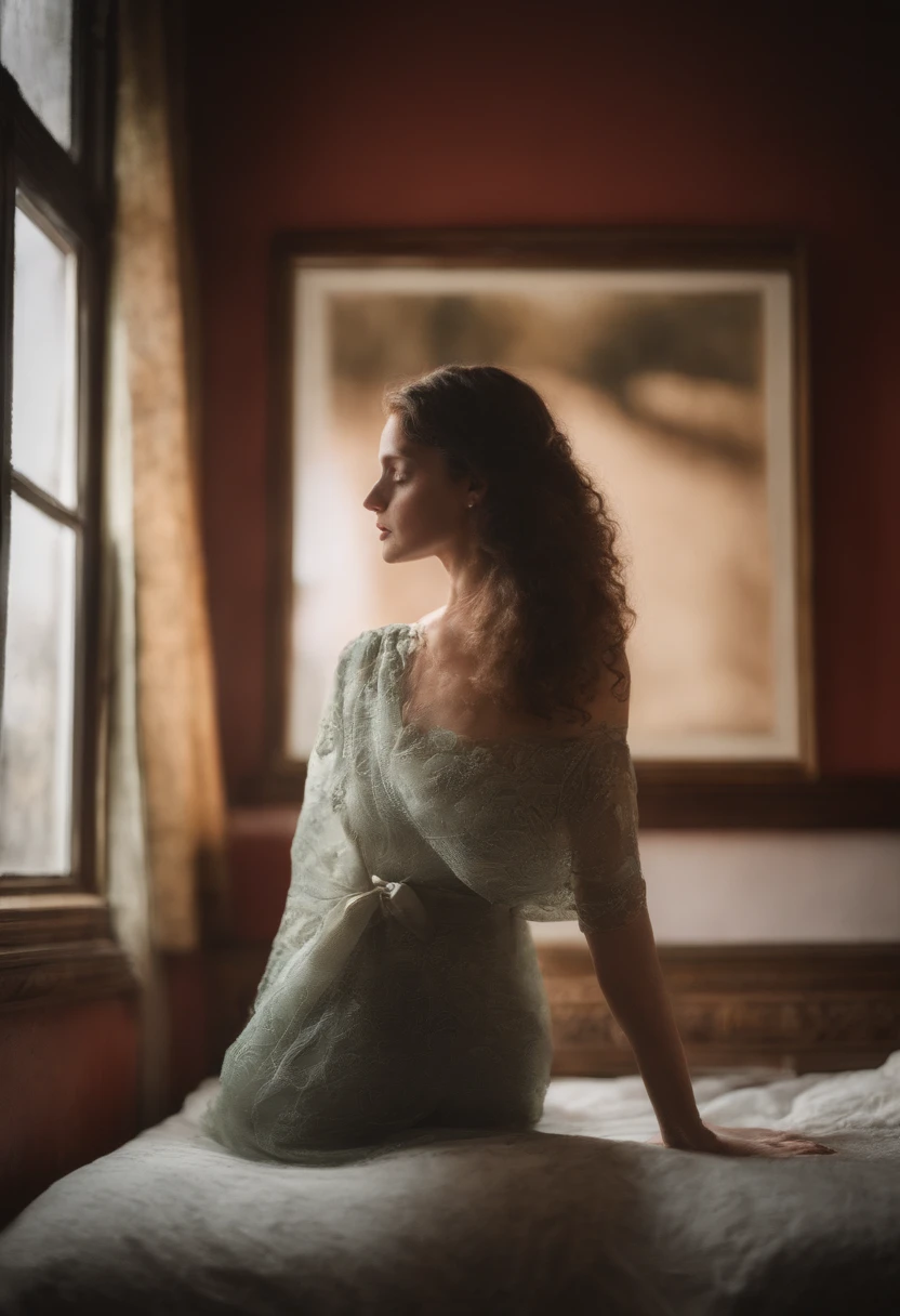 retrato de mujer pelirroja desnuda sobre una cama victoriana, cubierta parcialmente con sabana roja, en un cuarto cubierto de pinturas artisticas con una ventana semiabierta