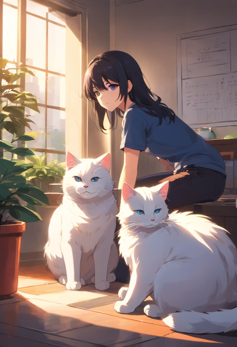 Viewing angle from afar，a room，，，，Male and female couples，，，Man in black T-shirt，，，，，Long-haired woman sitting on sofa，，，，，，Two pets，，，，，，，A large dog has black and white hair，，，，，，，，，，，，A pure white cat stands on the windowsill