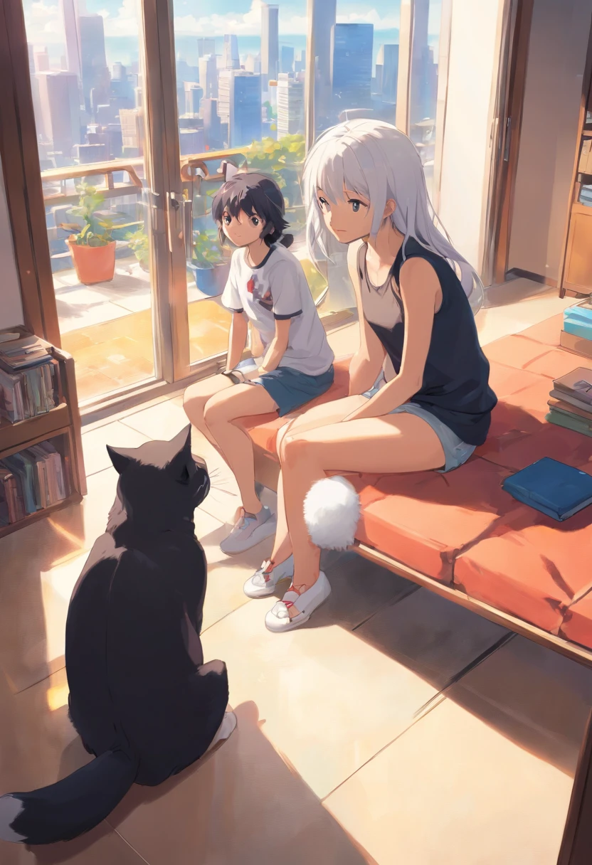 Viewing angle from afar，a room，，，，Male and female couples，，，Man in black T-shirt，，，，，Long-haired woman sitting on sofa，，，，，，Two pets，，，，，，，A large dog has black and white hair，，，，，，，，，，，，A pure white cat stands on the windowsill