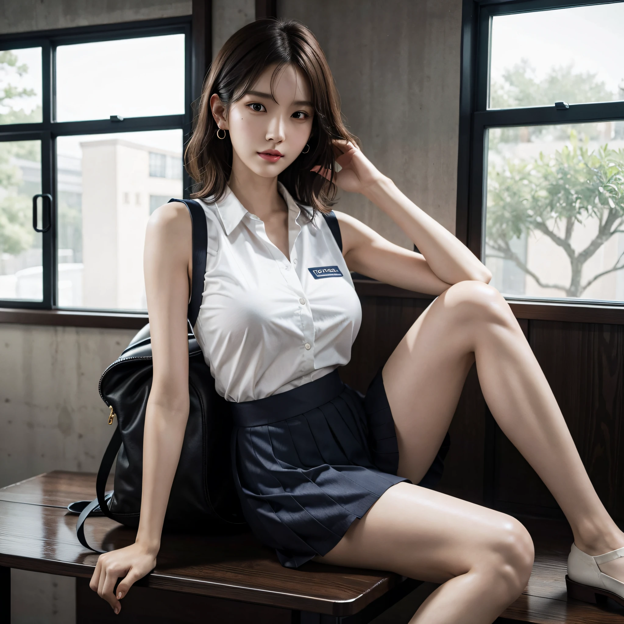 (very huge breasts, perfect anatomy:1.4), (short wavy hair, full body:1.1), (Korean school uniform, summer school uniform shirt, sleeveless:1.4), whole body, RAW photo, extremely delicate and beautiful, masterpiece, Best Quality, ultra high resolution, 16k, hyperrealistic, ultra-detailed, Very detailed CG 8k wallpaper, Beautiful Lighting, Perfect Lightning, Realistic Shadows, super Detailed shiny skin, perfect figure, Japanese woman, late 20s, Slim body, Slim abdomen, very small head, handsome detailed woman, very detailed eyes and face, realistic face proportions, Stunning detailed eyes, Realistic beautiful face, very small face, Realistic small beautiful eyes, double eyelids, makeup, tearful mole, mole on chest, earring, bare legs, beautiful and very thin legs, beautiful and very thin thighs, narrow waist, (cleavage, Soft midriff, Fine Collarbone, off-shoulder:0.1),