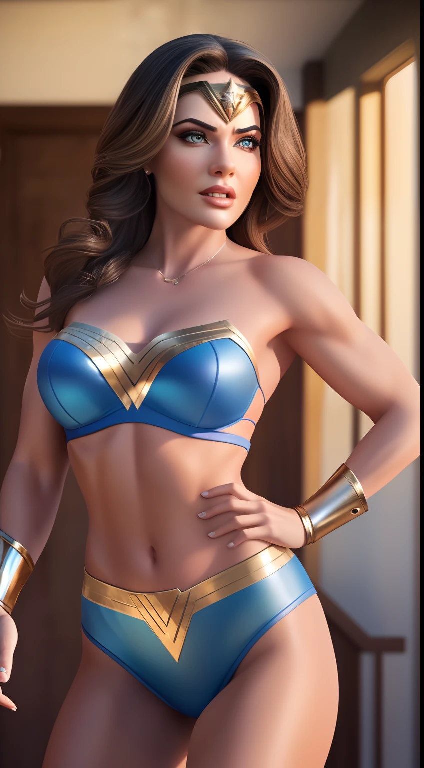 (best quality,4k,ultra-realistic:1.2),ultra-detailed,(photorealistic:1.37) sexy beautiful Izabela Ion  dressed as Wonder Woman , in the style of realism, natural lighting, sexy pinup, 8k resolution, , full body