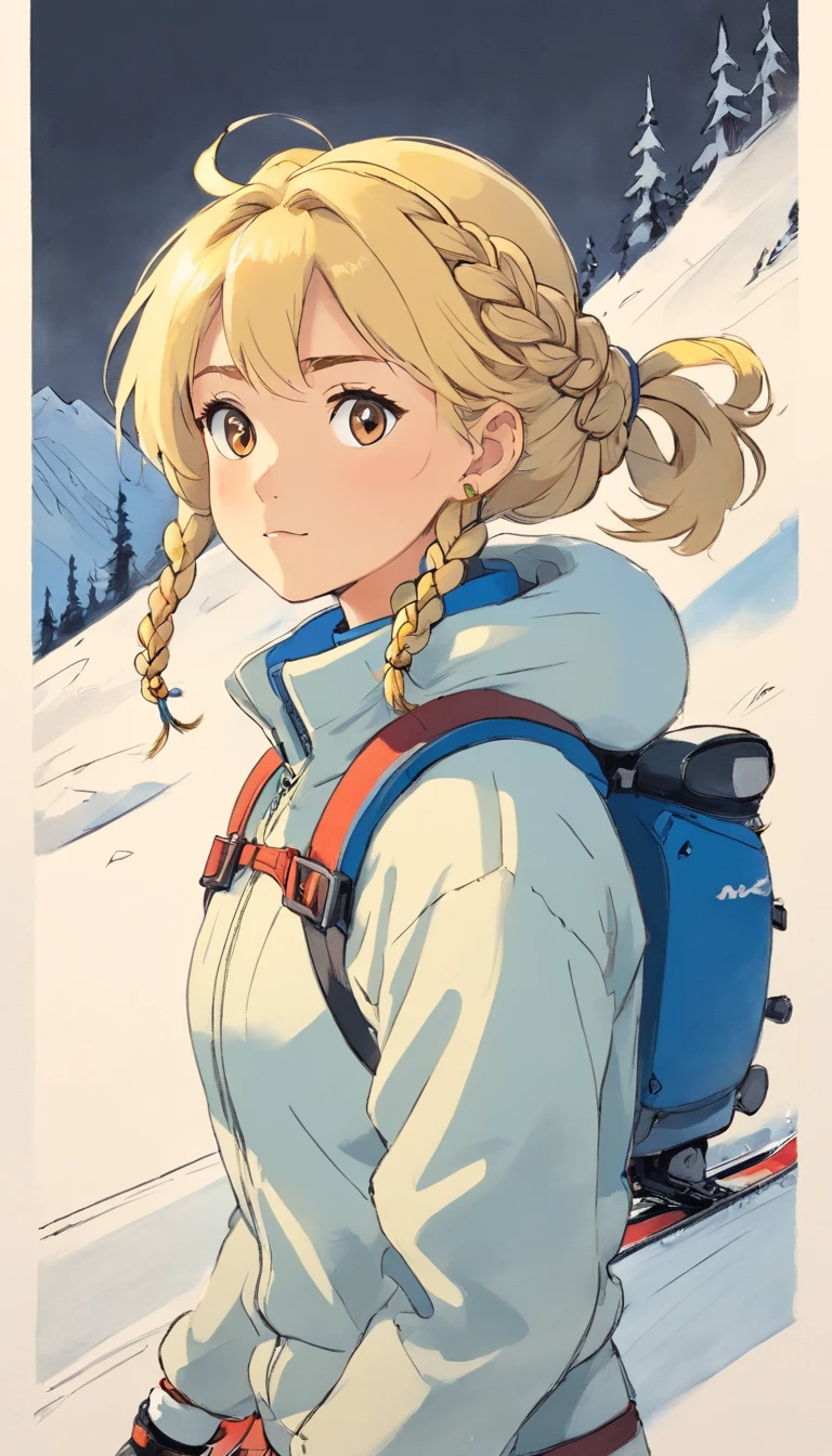 Skiing Swedish blond beauty, with braided hair. Rough charcoal sketch, rough-and-ready, on a bit coarse paper. Smudged with a finger. Minimalist cartoon style. Childish drawing. Amber color. Bright ambient lighting.