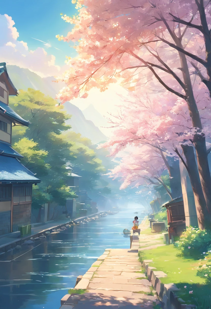 Draw a river with a small village, anime beautiful peace scene, very beautiful landscape, landscape artwork, landscape art detail, very beautiful digital art, beauty of natural landscape, beautiful art UHD 4 K, very beautiful photos, beautiful nature, landscape wallpaper, really beautiful nature, beautiful digital artwork, beautiful background, cherry blossom trees, anime style