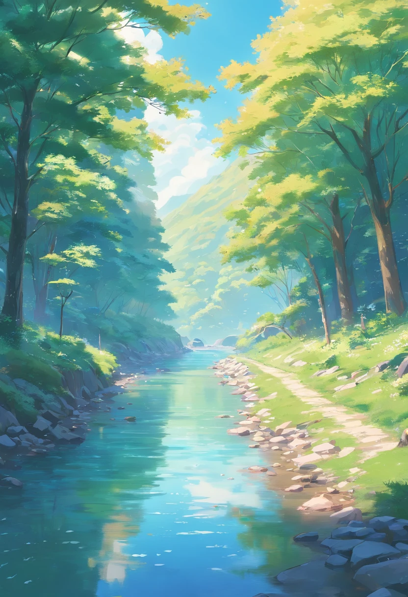Draw a river with a small village, anime beautiful peace scene, very beautiful landscape, landscape artwork, landscape art detail, very beautiful digital art, beauty of natural landscape, beautiful art UHD 4 K, very beautiful photos, beautiful nature, landscape wallpaper, really beautiful nature, beautiful digital artwork, beautiful background, cherry blossom trees, anime style