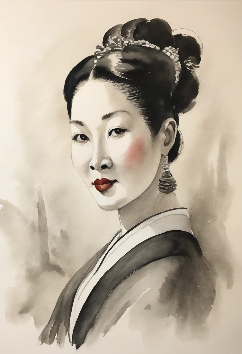 A three-quarters side Chinese woman,qi baishi style, aquarelle, Black and white ink, Serene face, Close-up, Vintage pictures,ink wash style
