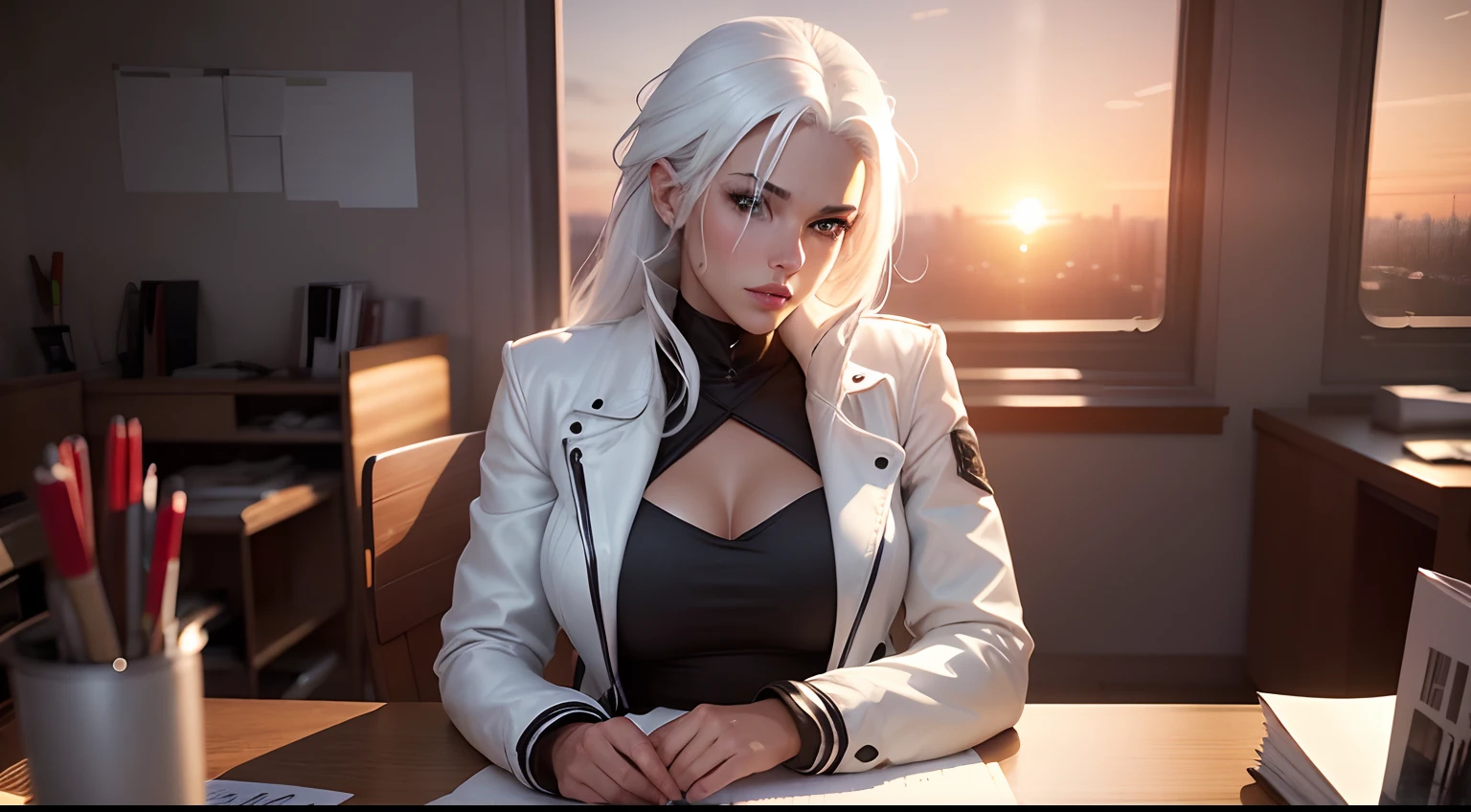 (a sexy lady with a white hair, wears a jacket), (in the room, sitting at the desk, sunset)