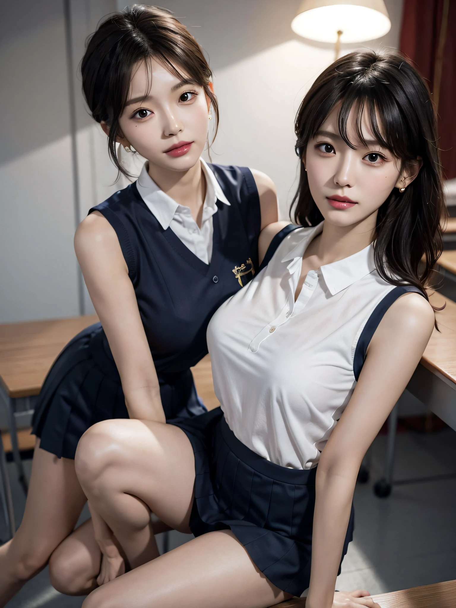 (very huge breasts, perfect anatomy:1.4), (short wavy hair, full body:1.1), (Korean school uniform, summer school uniform shirt, sleeveless:1.4), whole body, RAW photo, extremely delicate and beautiful, masterpiece, Best Quality, ultra high resolution, 16k, hyperrealistic, ultra-detailed, Very detailed CG 8k wallpaper, Beautiful Lighting, Perfect Lightning, Realistic Shadows, super Detailed shiny skin, perfect figure, Japanese woman, late 20s, Slim body, Slim abdomen, very small head, handsome detailed woman, very detailed eyes and face, realistic face proportions, Stunning detailed eyes, Realistic beautiful face, very small face, Realistic small beautiful eyes, double eyelids, makeup, tearful mole, mole on chest, earring, bare legs, beautiful and very thin legs, beautiful and very thin thighs, narrow waist, (cleavage, Soft midriff, Fine Collarbone, off-shoulder:0.1),